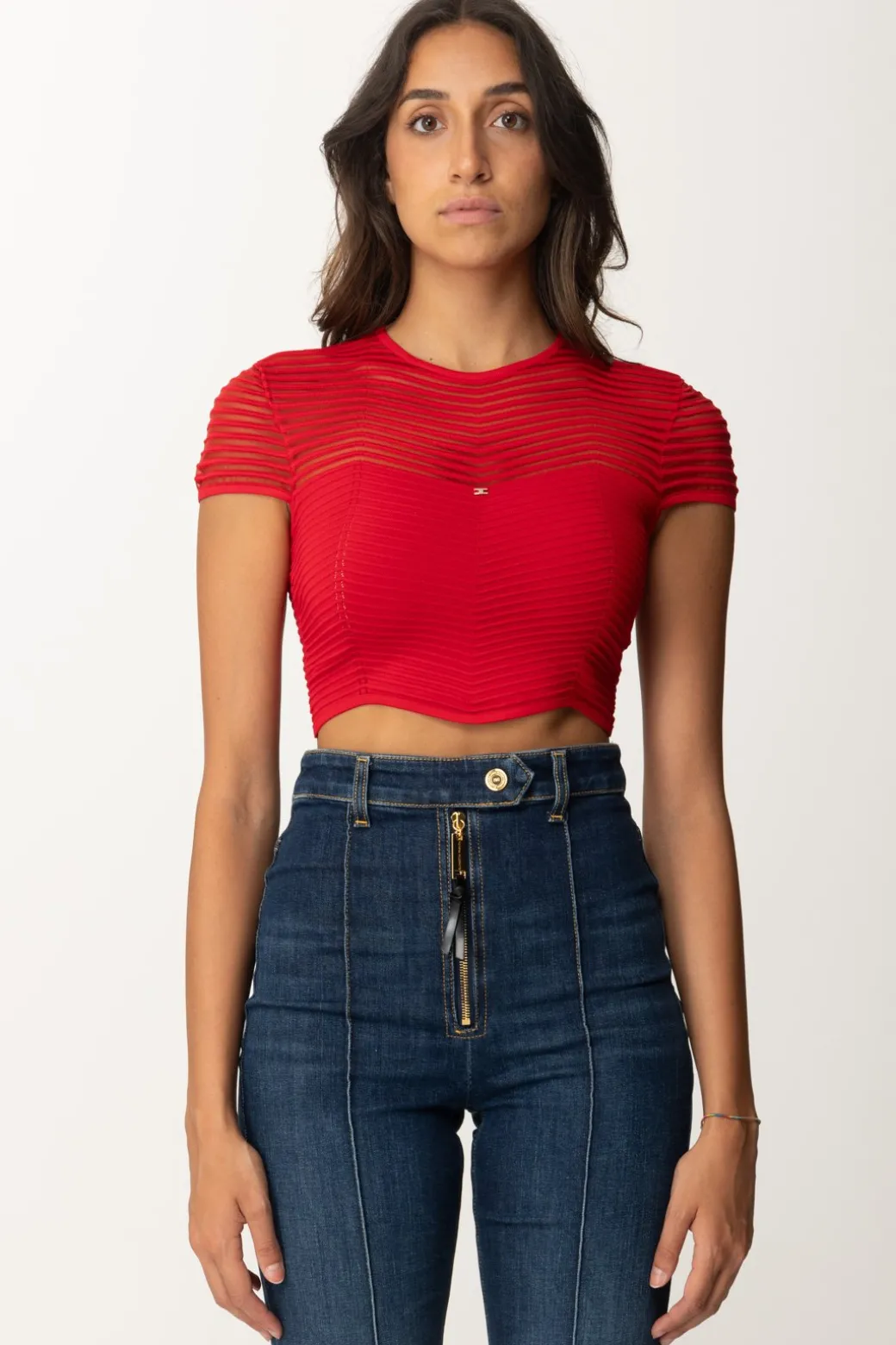 Donna Elisabetta Franchi Top Crop In Maglia con Motivo Chevron