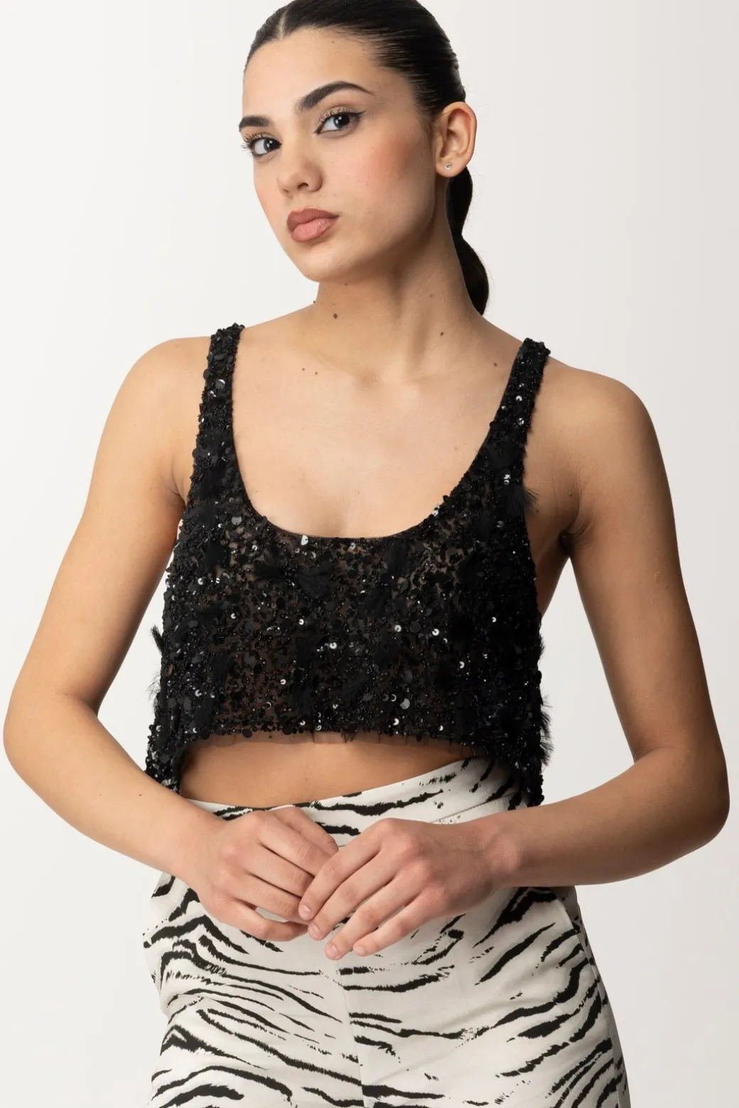 Donna Elisabetta Franchi Top Crop In Tulle con Paillettes e Frange