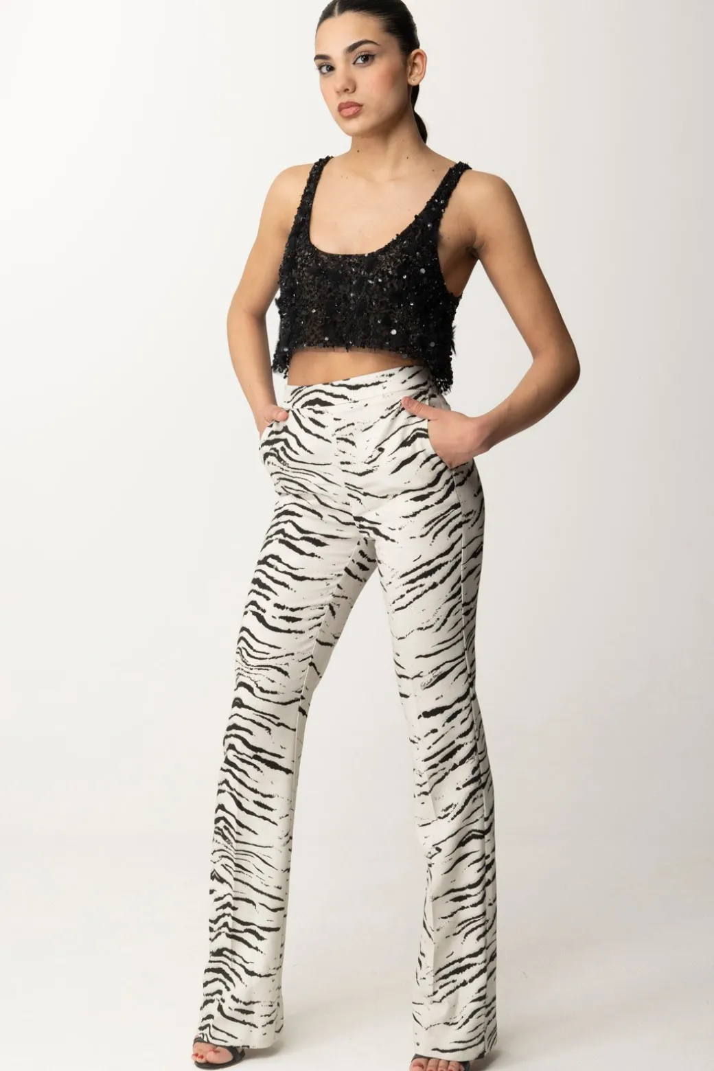Donna Elisabetta Franchi Top Crop In Tulle con Paillettes e Frange