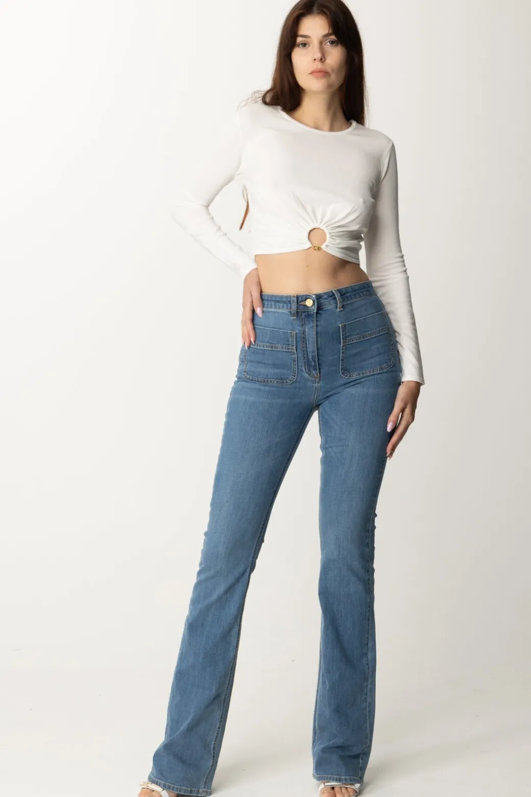 Donna Elisabetta Franchi Top Crop In Viscosa con Anello