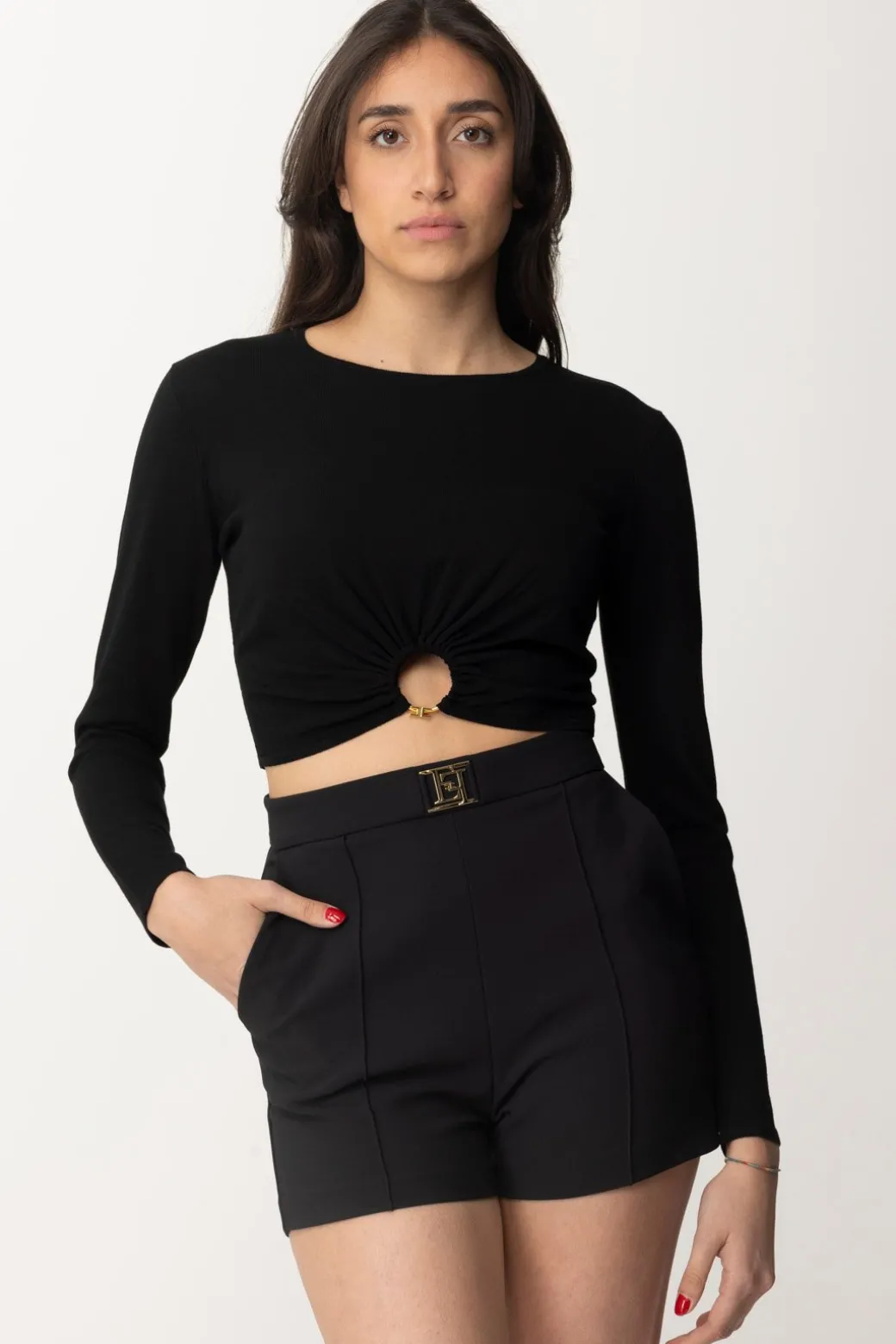 Donna Elisabetta Franchi Top Crop In Viscosa con Anello