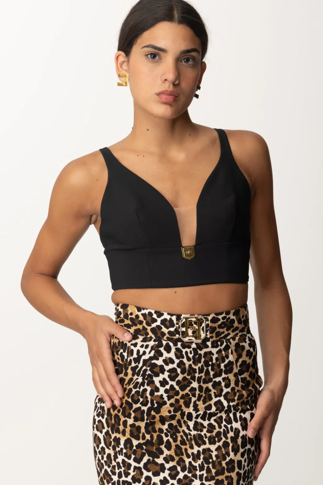 Donna Elisabetta Franchi Top Crop Stretch con Placca Logo
