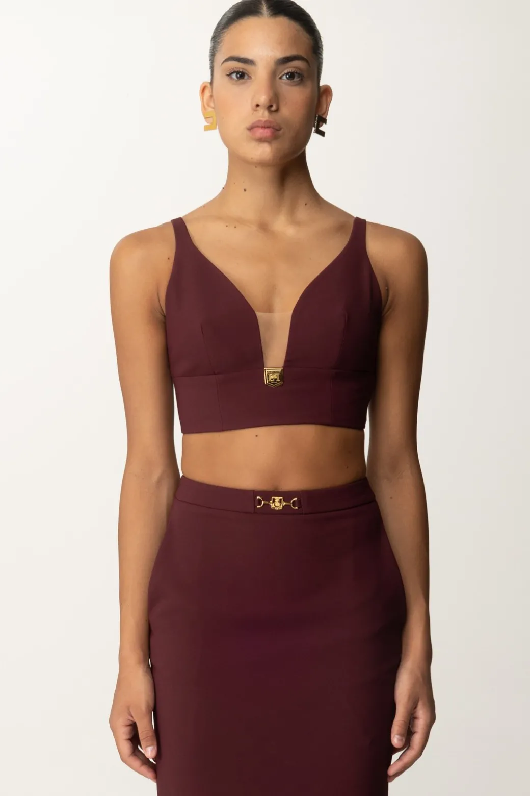 Donna Elisabetta Franchi Top Crop Stretch con Placca Logo