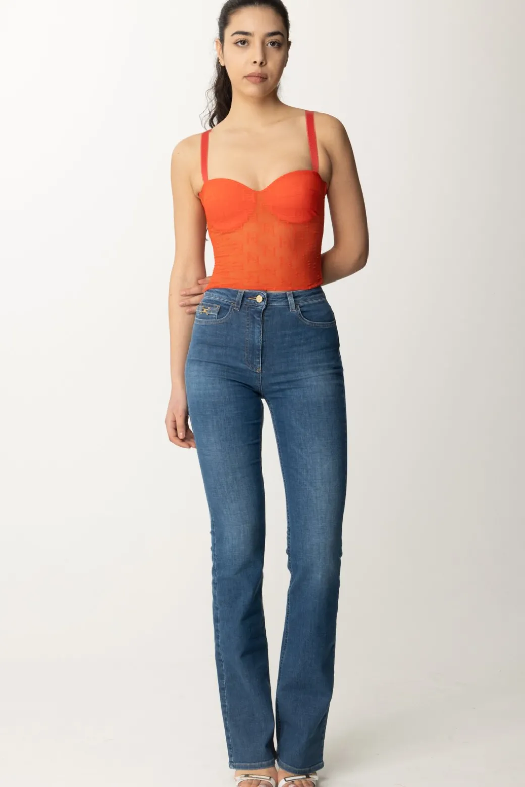Donna Elisabetta Franchi Top In Tulle con Stampa Ef