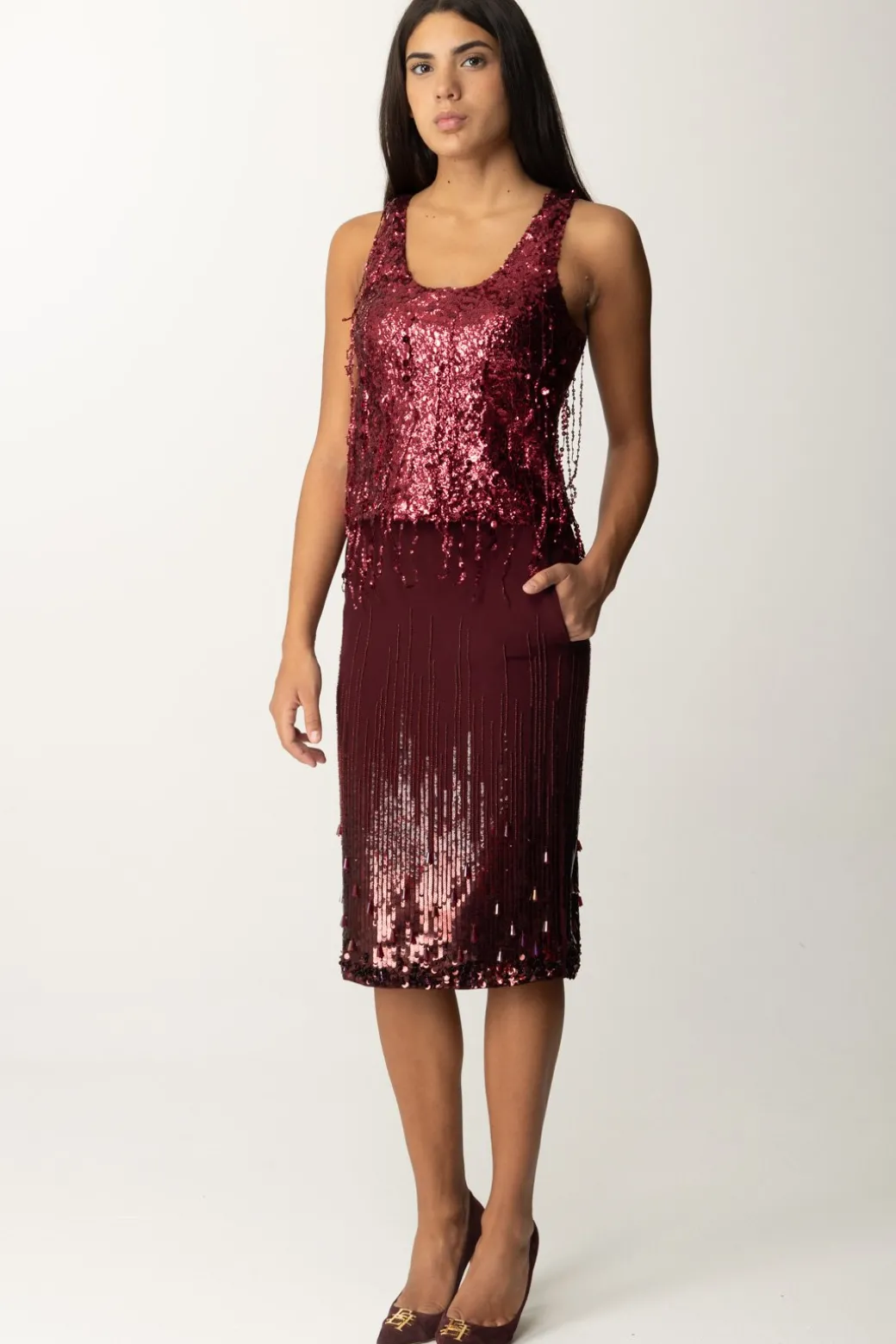 Donna Elisabetta Franchi Top Ricamato con Frange Di Paillettes