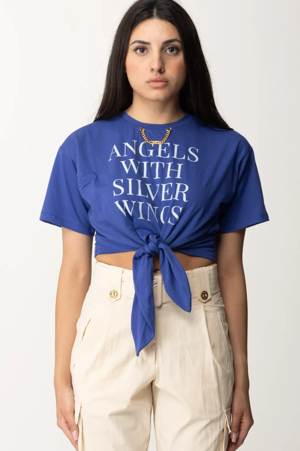 Donna Elisabetta Franchi T-shirt Crop con Stampa Scritta e Accessorio Gold