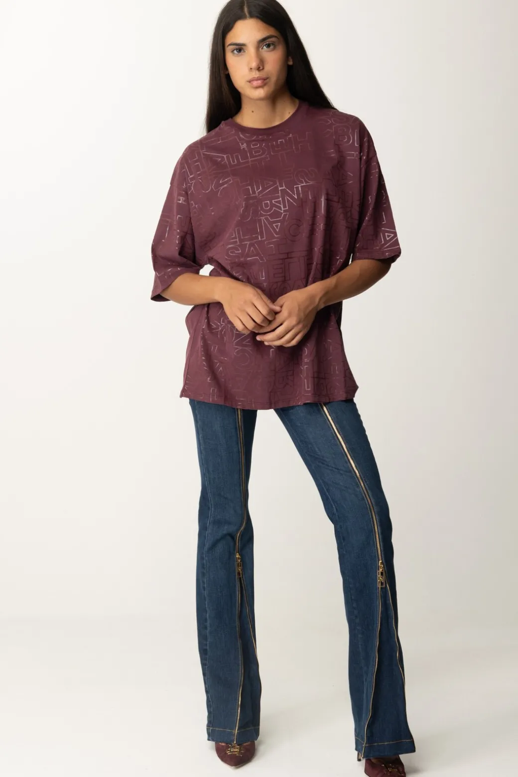 Donna Elisabetta Franchi T-shirt Over con Stampa Logo Lucida