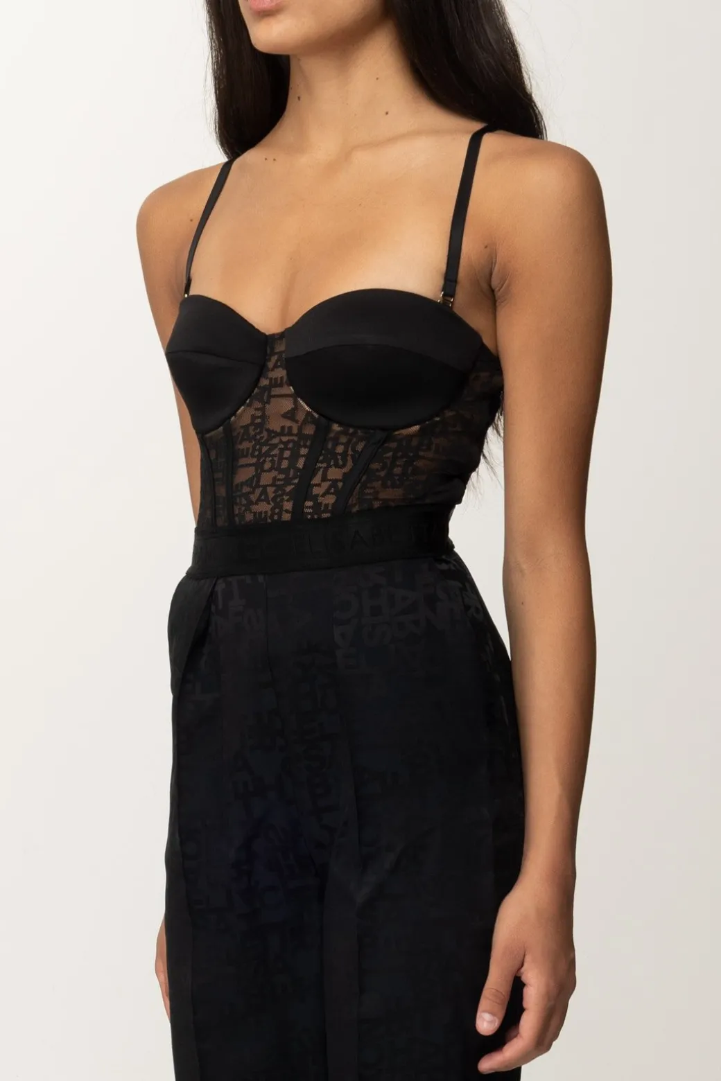 Donna Elisabetta Franchi Tuta con Bustier e Palazzo In Tulle Jaquard