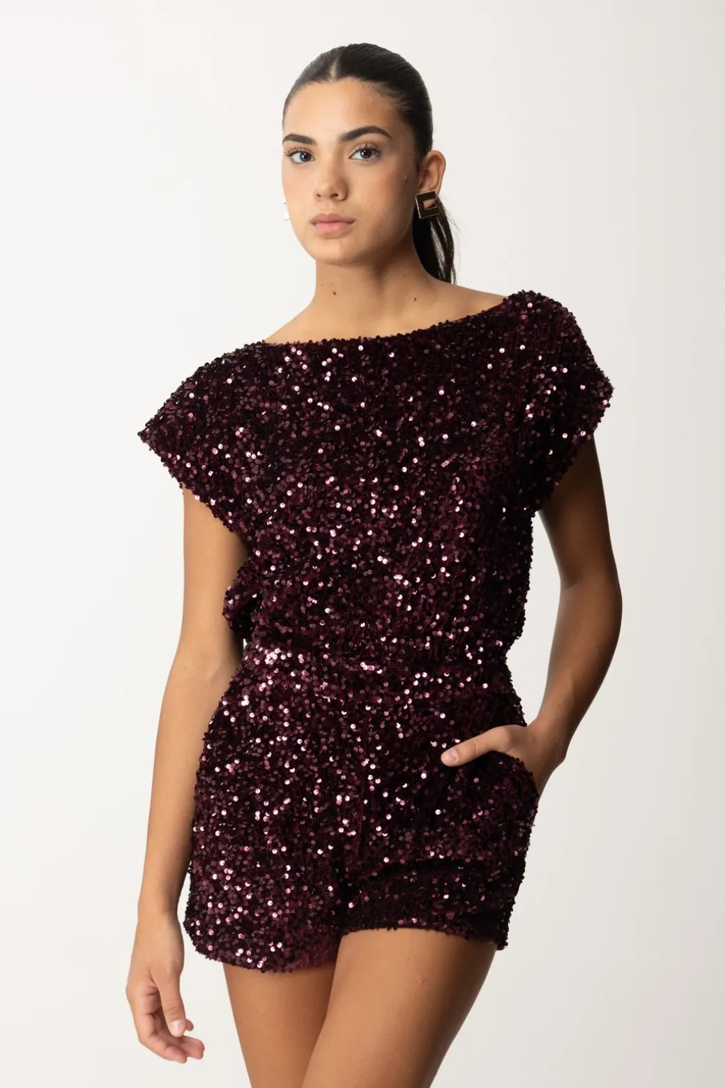 Donna Elisabetta Franchi Tuta Corta In Ciniglia Ricamata con Paillettes