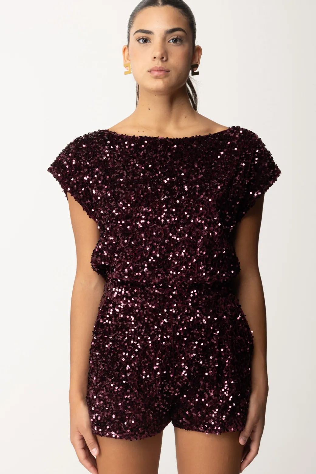 Donna Elisabetta Franchi Tuta Corta In Ciniglia Ricamata con Paillettes