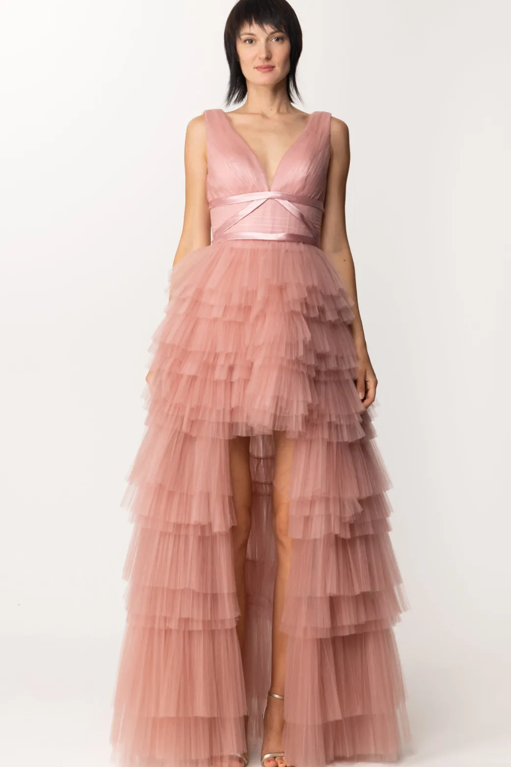 Donna Fabiana Ferri Abito Lungo Asimmetrico con Balze In Tulle