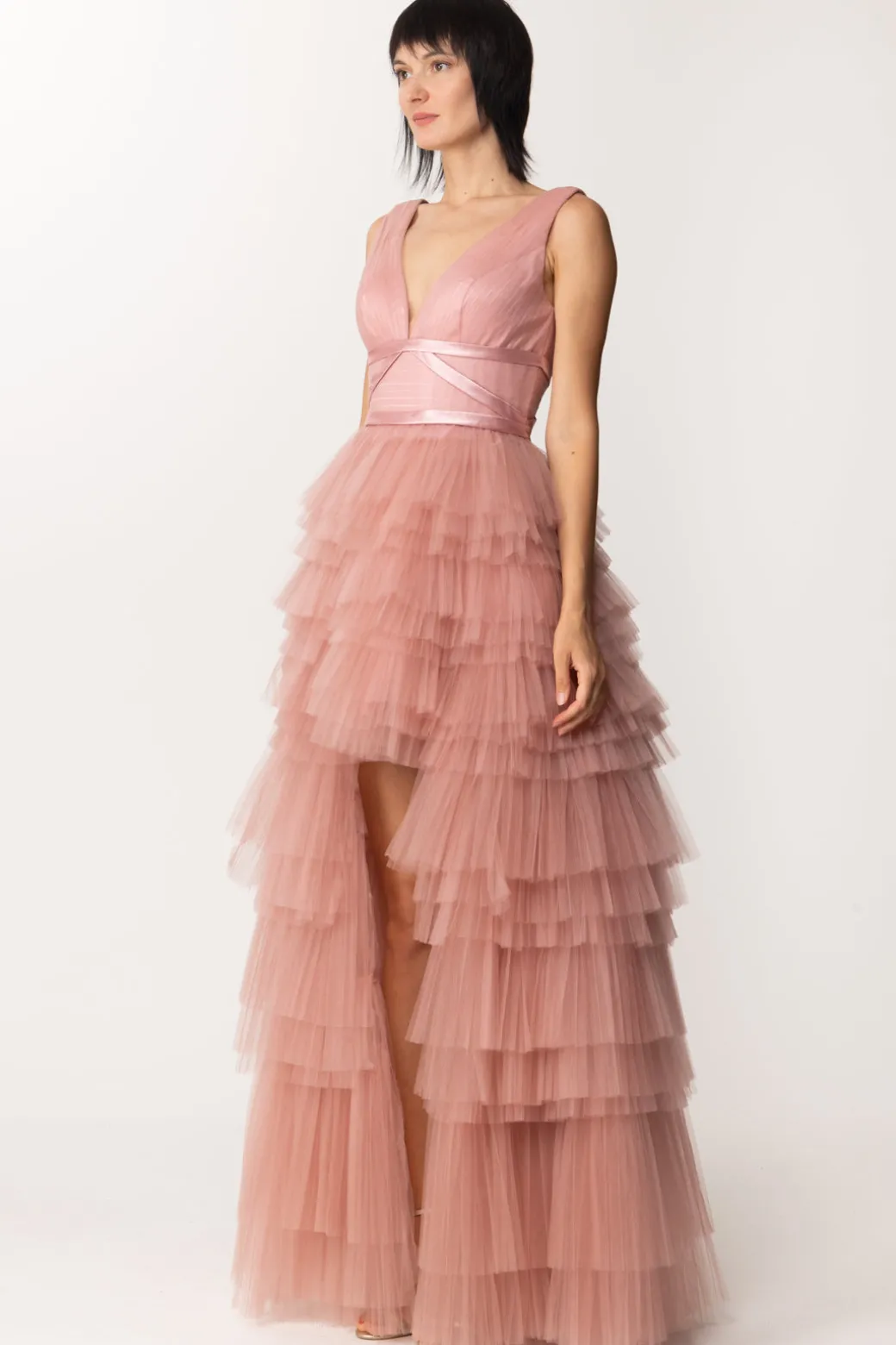 Donna Fabiana Ferri Abito Lungo Asimmetrico con Balze In Tulle