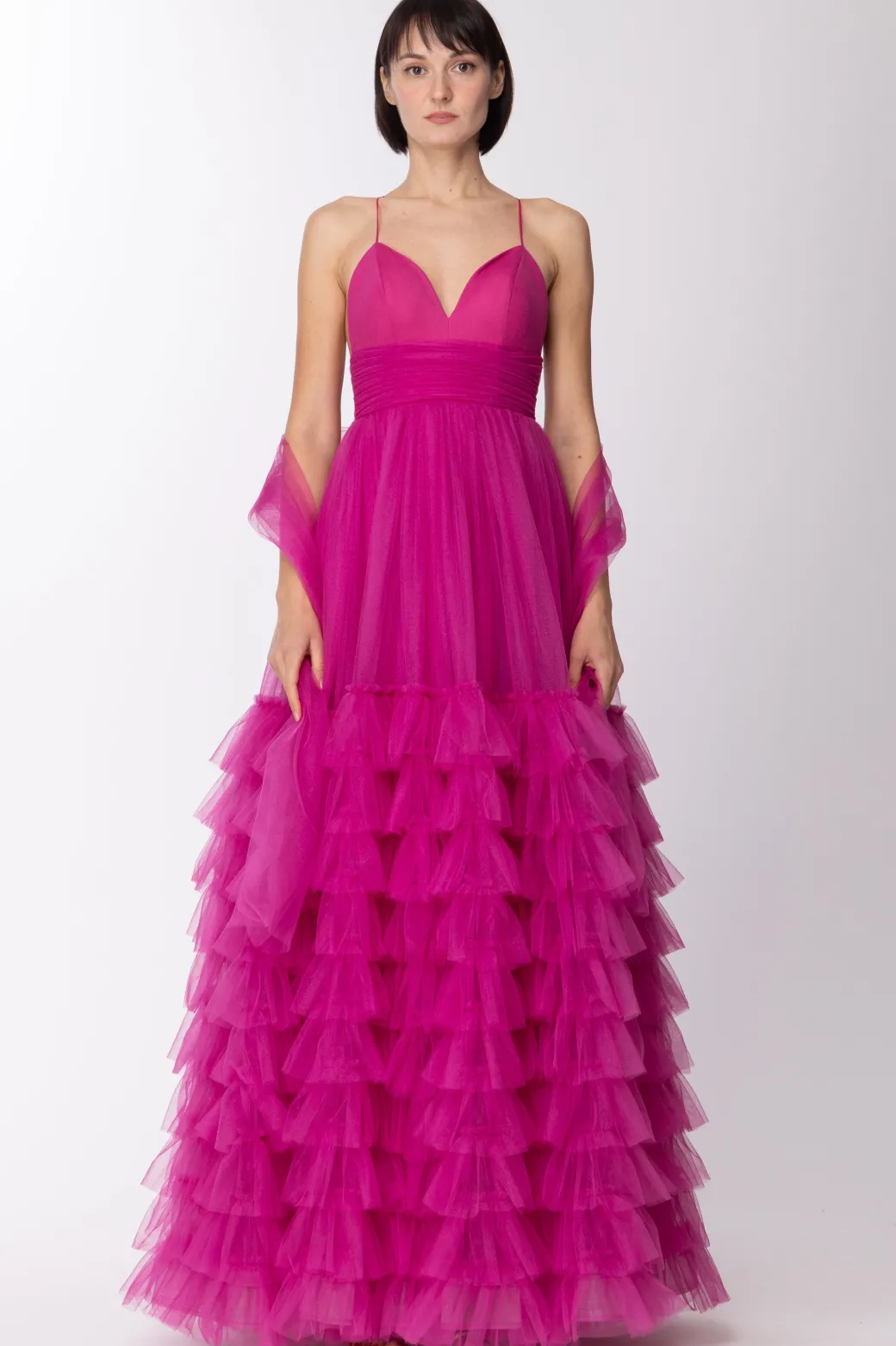 Donna Fabiana Ferri Abito Lungo Scollo Cuore con Gonna In Tulle
