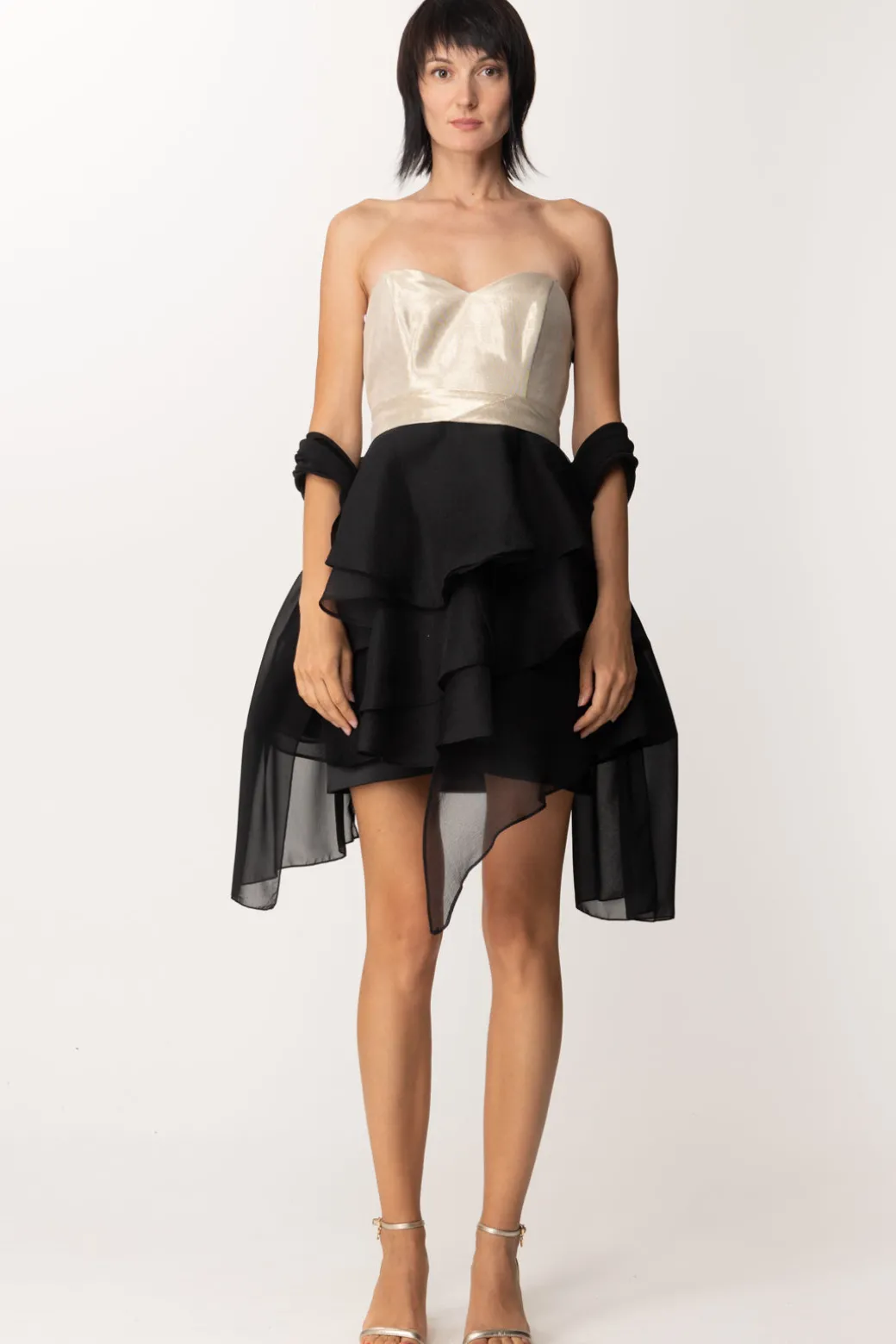 Donna Fabiana Ferri Mini Abito con Balze In Tulle a Contrasto