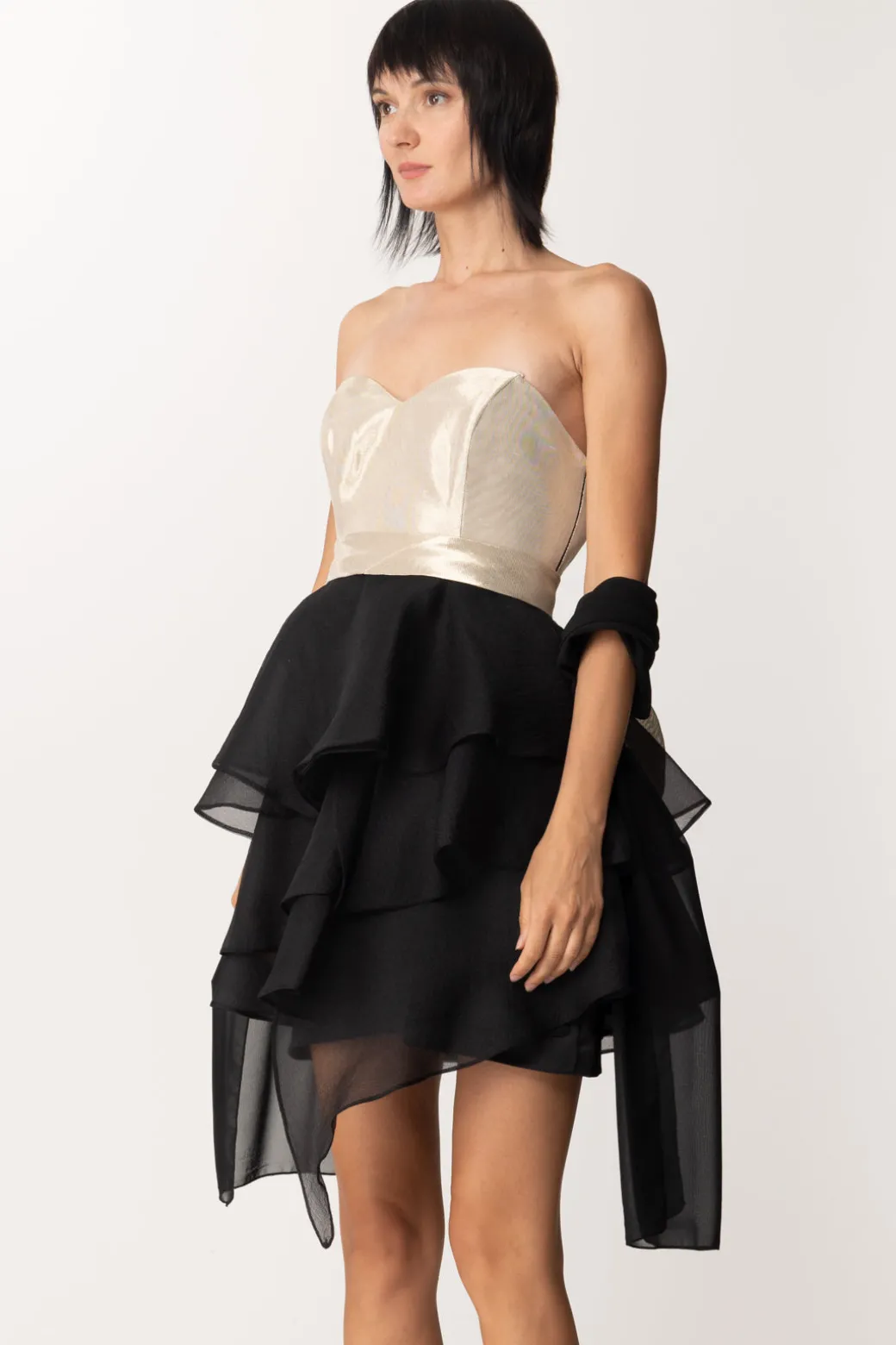 Donna Fabiana Ferri Mini Abito con Balze In Tulle a Contrasto