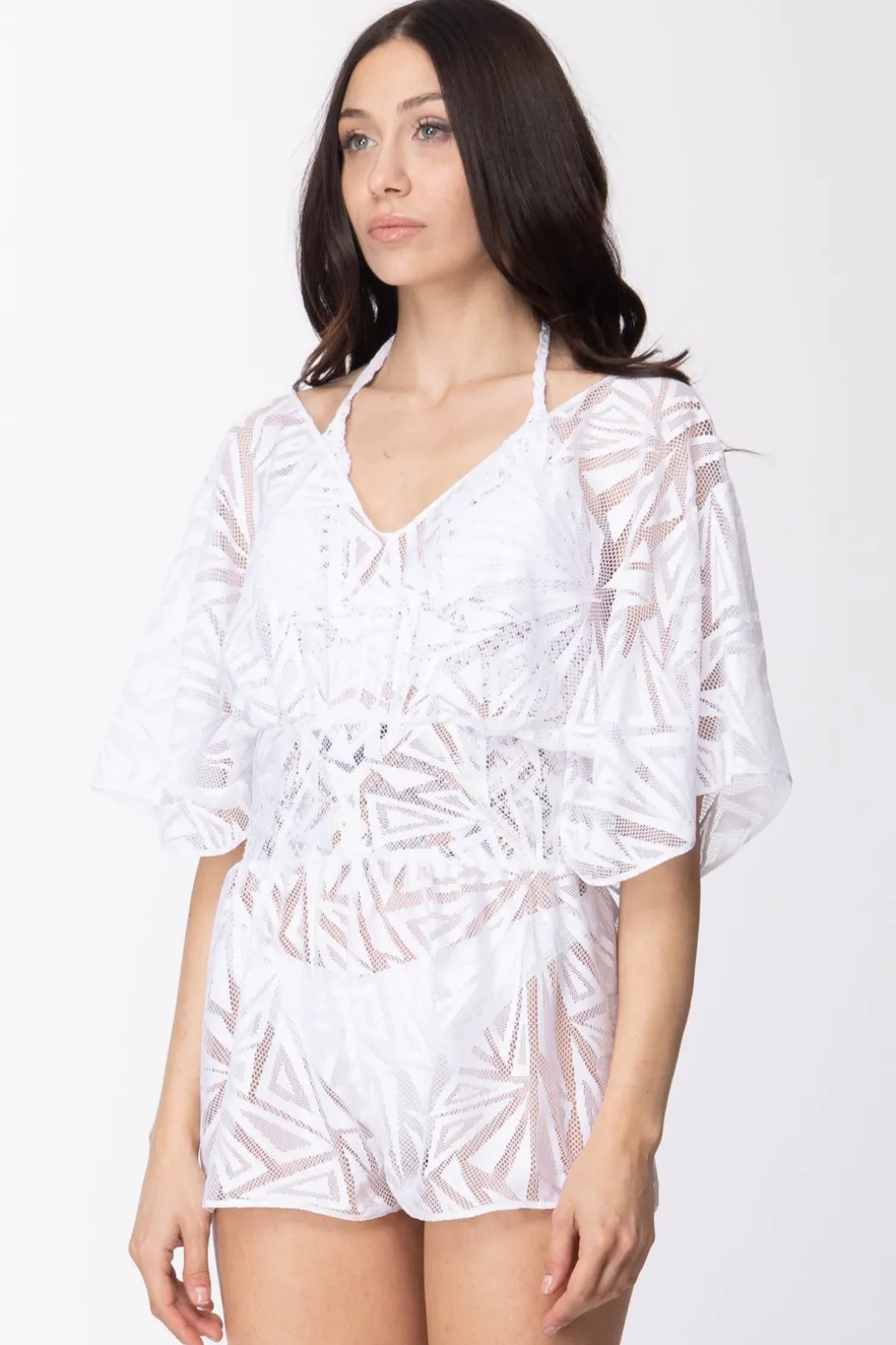 Donna Fk Copricostume Tuta Corta Jumpsuit Doppio Scollo a V Maniche Ampie Traforata Disegni Geom
