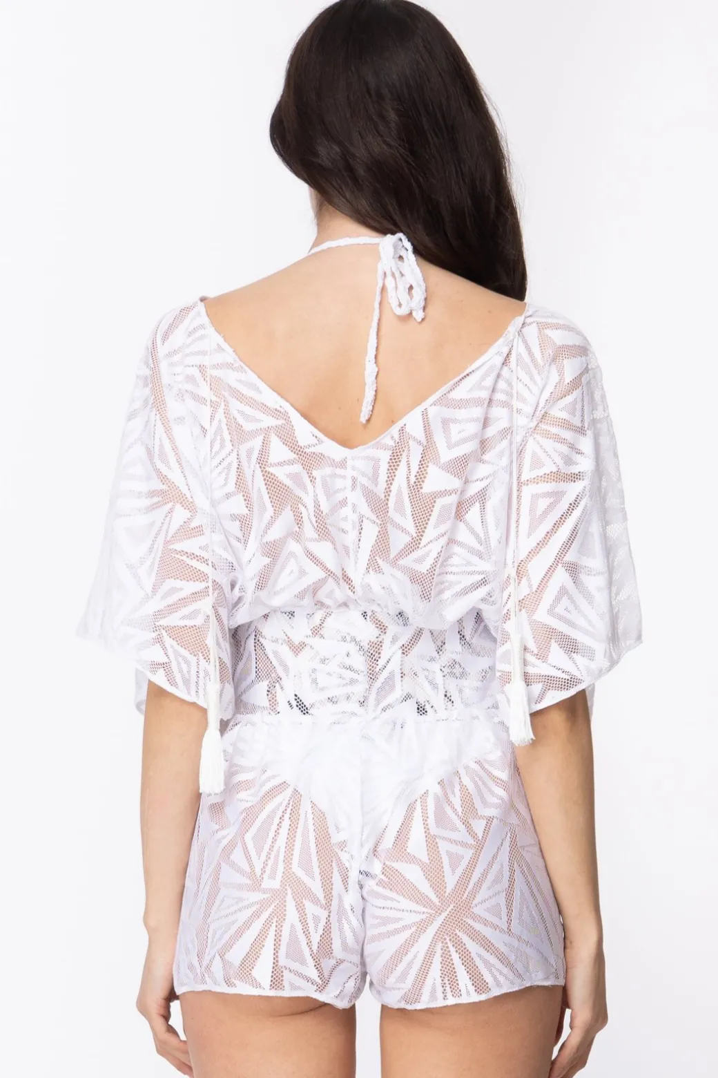 Donna Fk Copricostume Tuta Corta Jumpsuit Doppio Scollo a V Maniche Ampie Traforata Disegni Geom