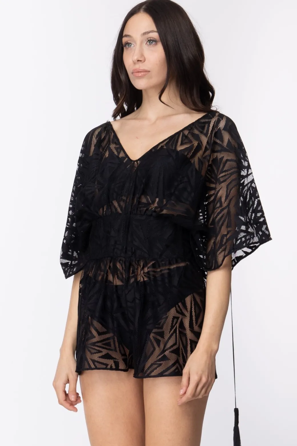 Donna Fk Copricostume Tuta Corta Jumpsuit Doppio Scollo a V Maniche Ampie Traforata Disegni Geometrici