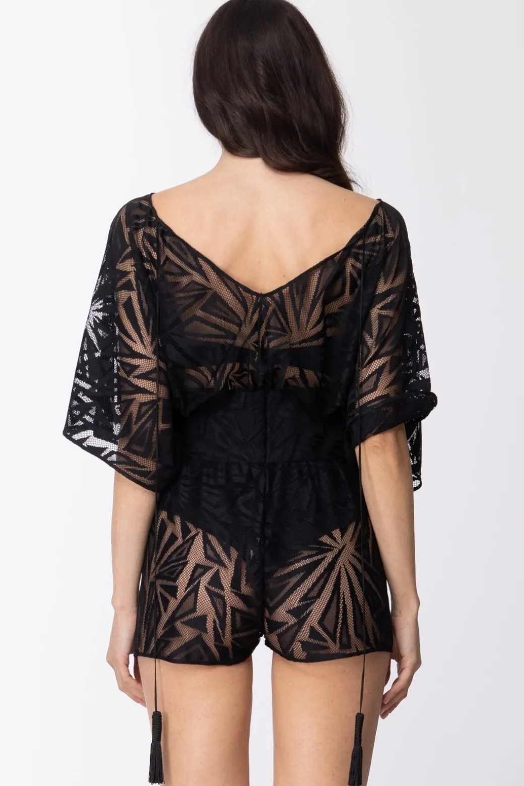 Donna Fk Copricostume Tuta Corta Jumpsuit Doppio Scollo a V Maniche Ampie Traforata Disegni Geometrici