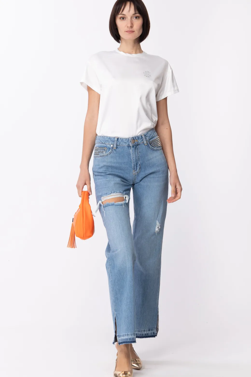 Donna Gaëlle Paris Jeans Boy a Vita Bassa con Borchie