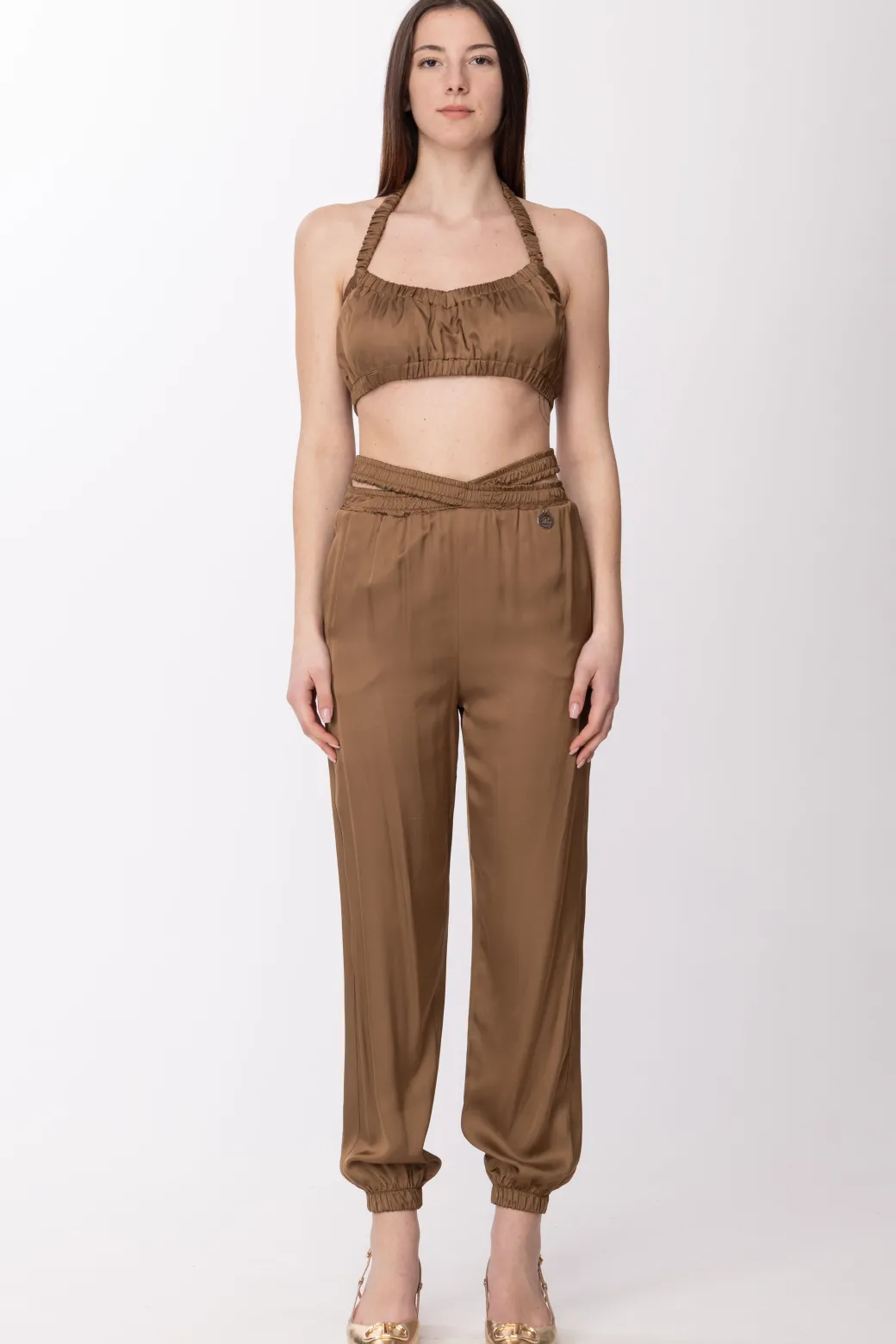 Donna Gaëlle Paris Pantaloni In Raso con Elastico Intrecciato