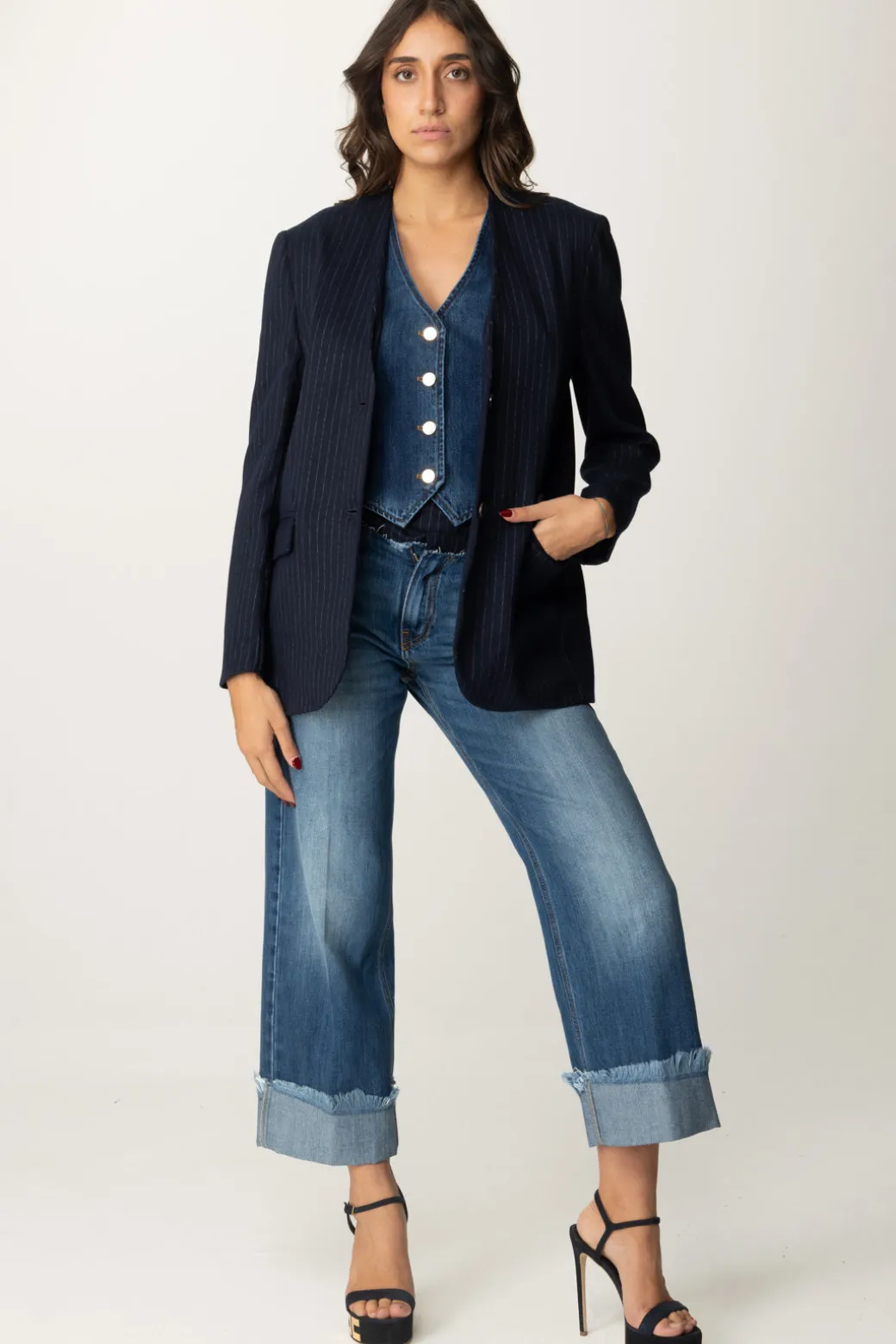 Donna Manila Grace Giacca Gessata con Gilet In Jeans
