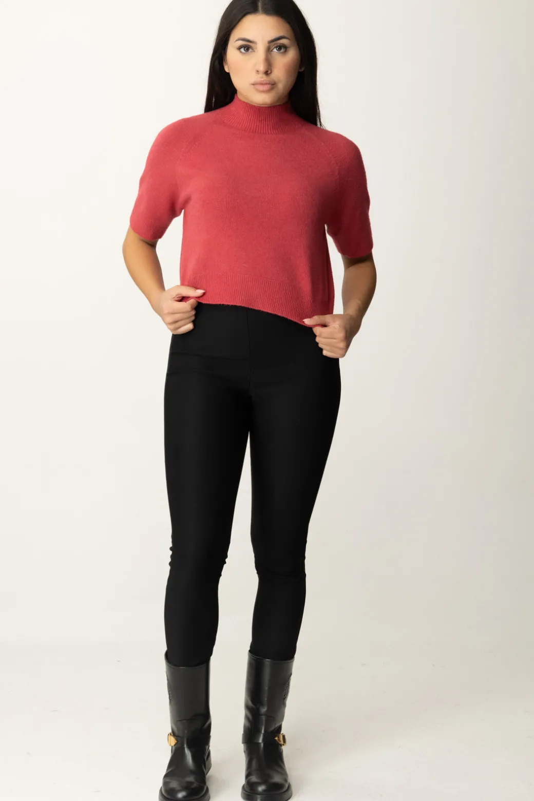 Donna Manila Grace Maglia Collo Alto Crop con Manica Corta