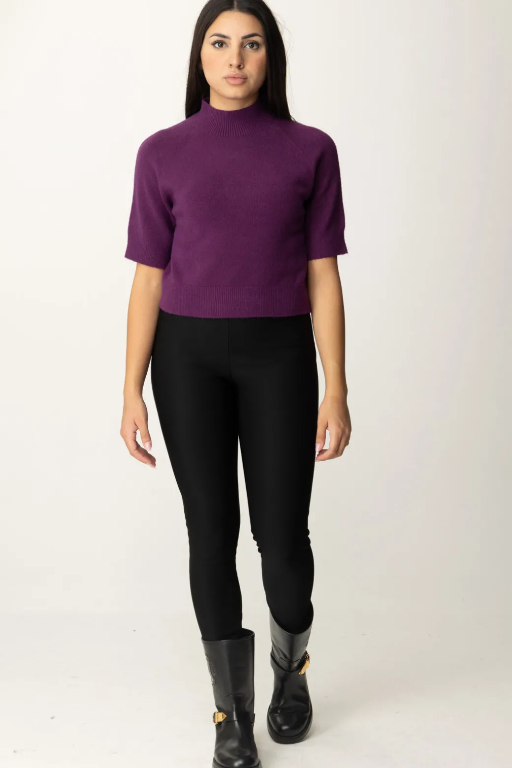 Donna Manila Grace Maglia Collo Alto Crop con Manica Corta