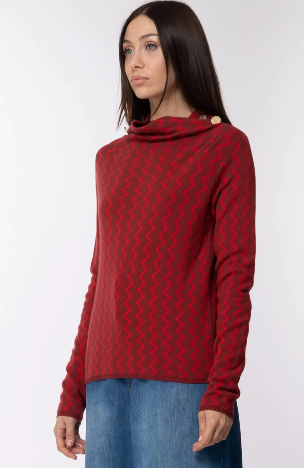 Donna Manila Grace Maglia Fantasia Jacquard Collo a Vulacano con Bottoni Dorati