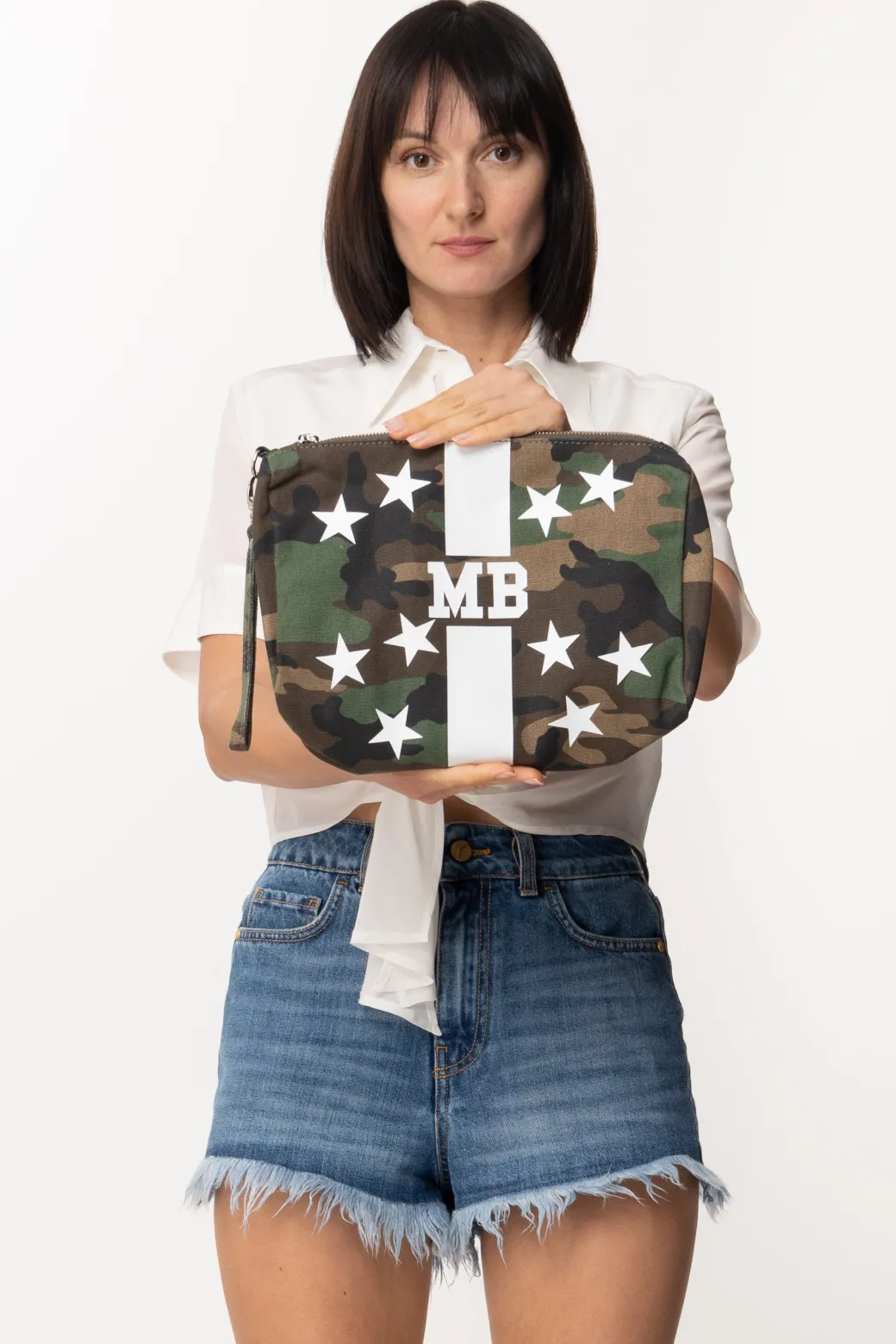 Donna Mia Bag Pochette In Canvas con Stampa Stelle Camouflage