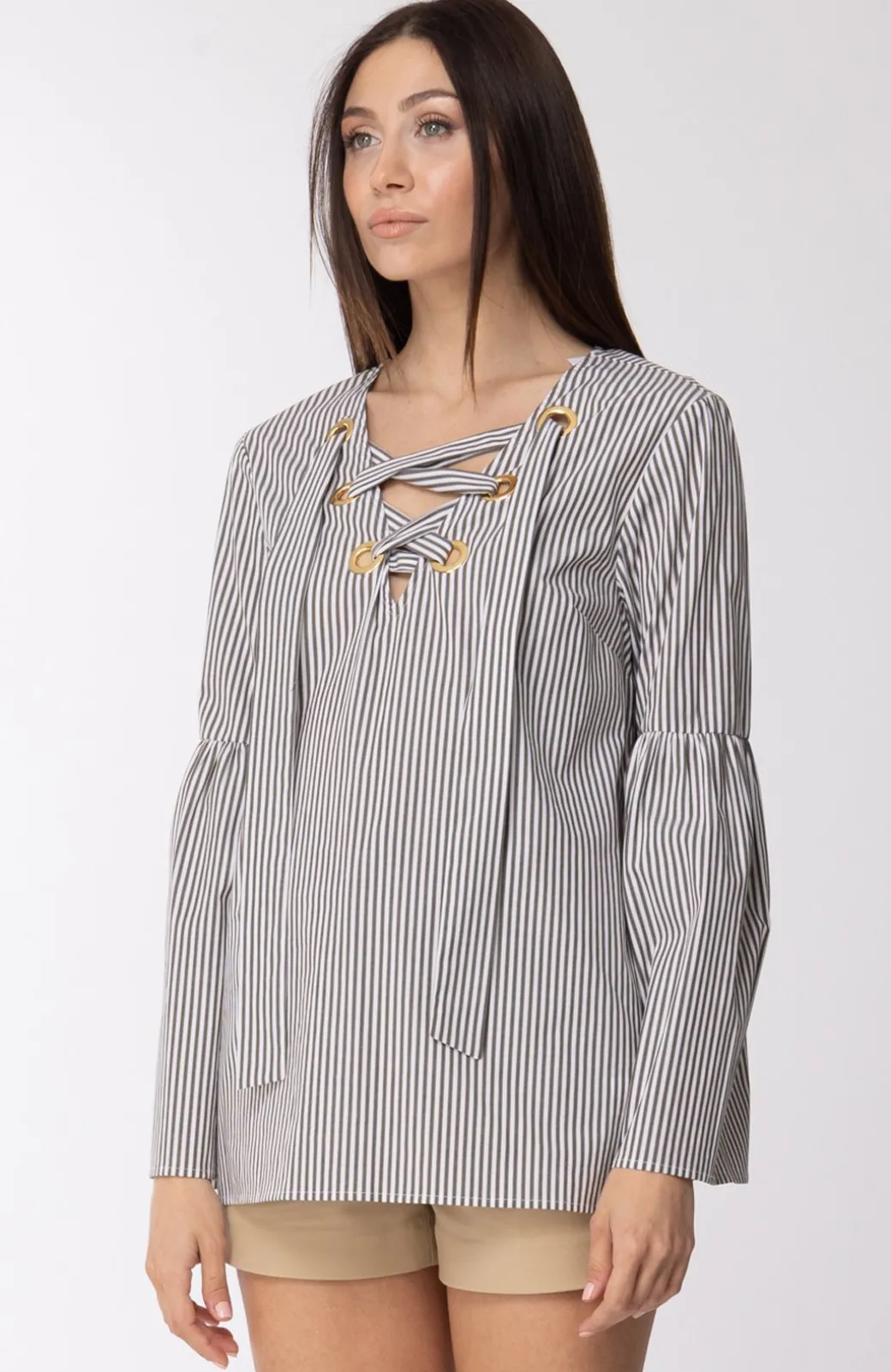 Donna Michael Kors Blusa Morbida a Righe con Occhielli Dorati