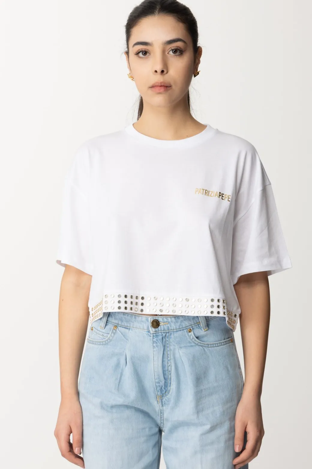 Donna Patrizia Pepe T-shirt Cropped con Borchiette e Logo
