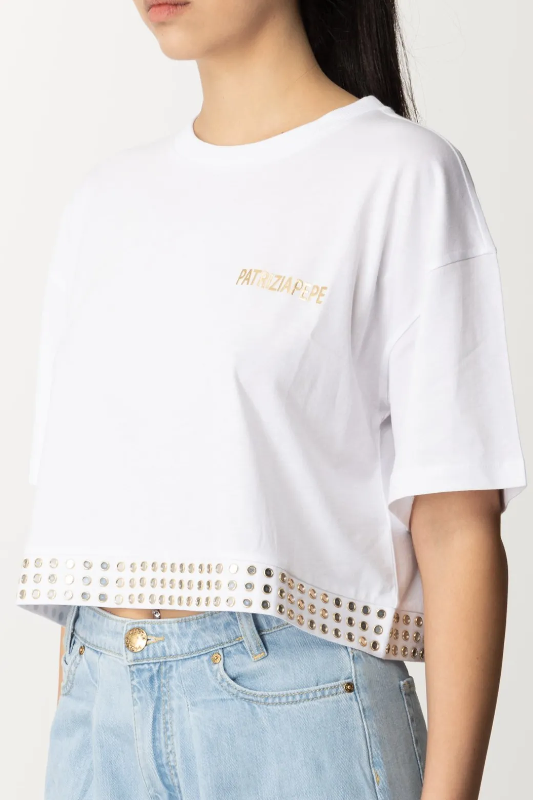 Donna Patrizia Pepe T-shirt Cropped con Borchiette e Logo