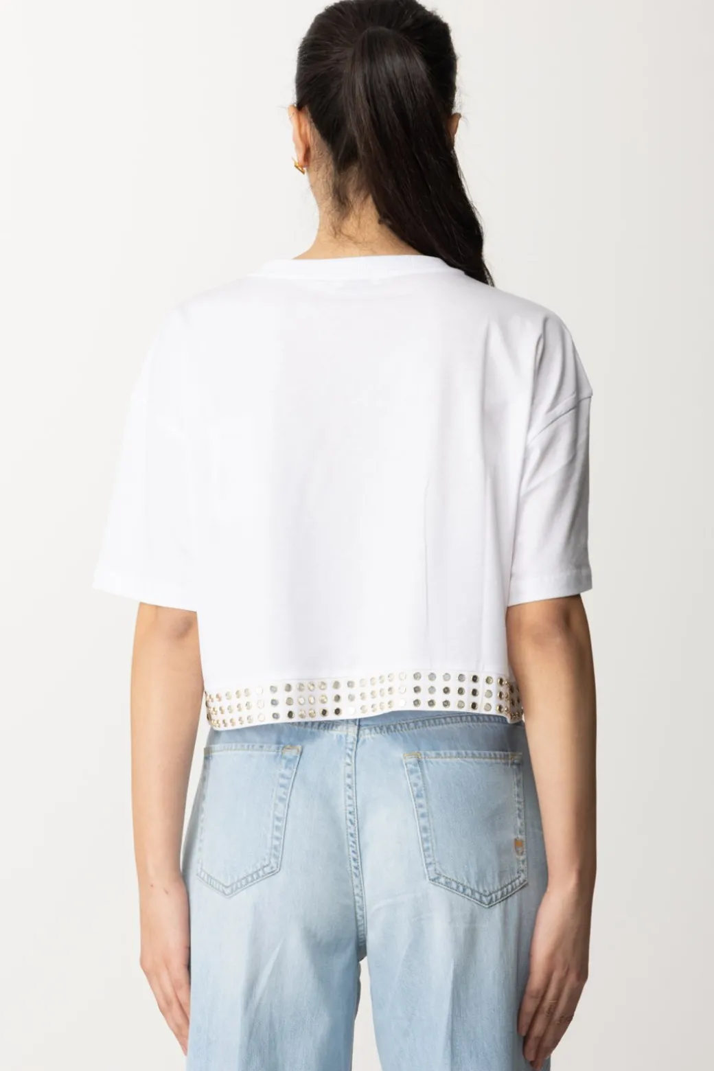 Donna Patrizia Pepe T-shirt Cropped con Borchiette e Logo