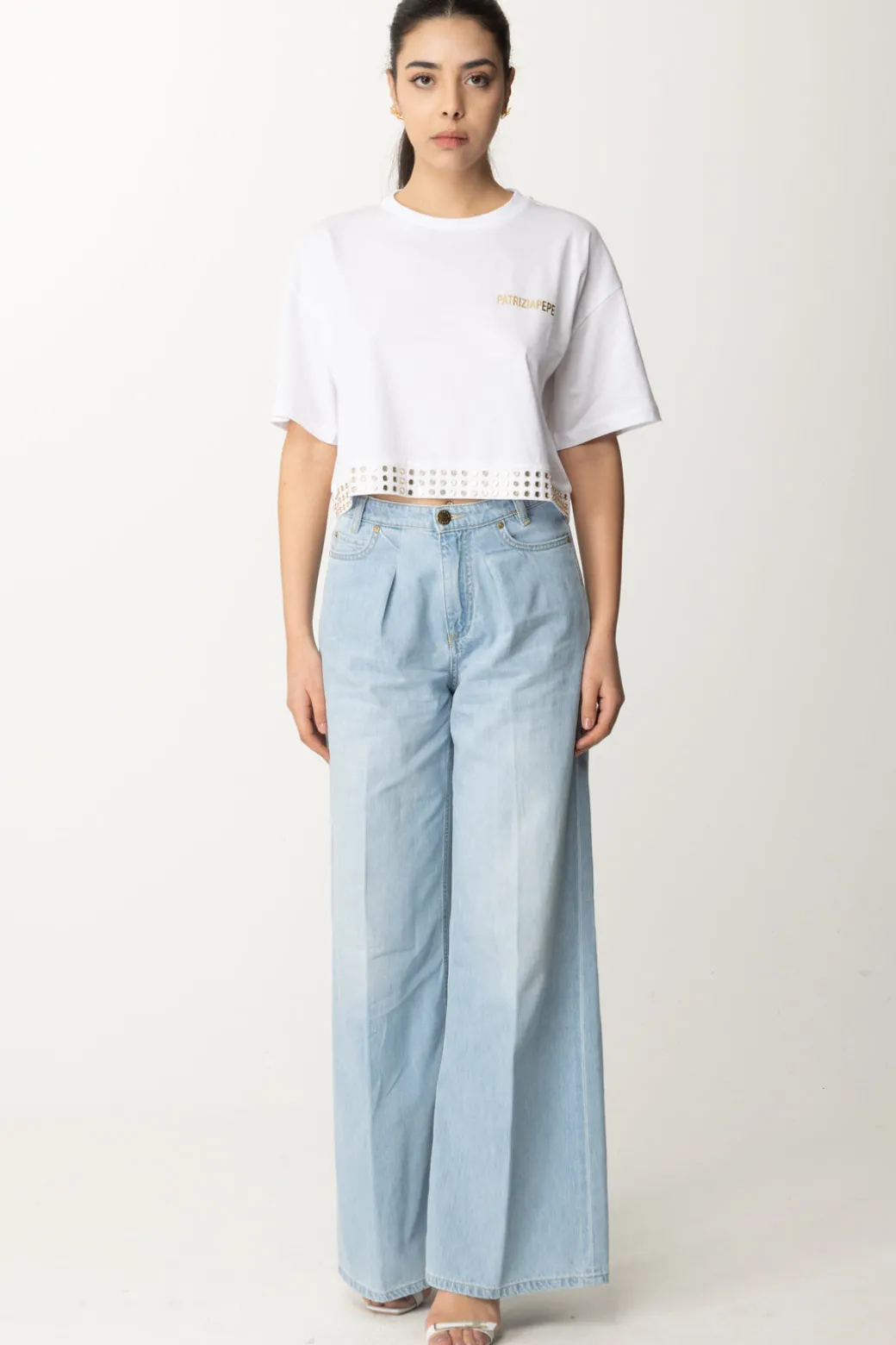Donna Patrizia Pepe T-shirt Cropped con Borchiette e Logo