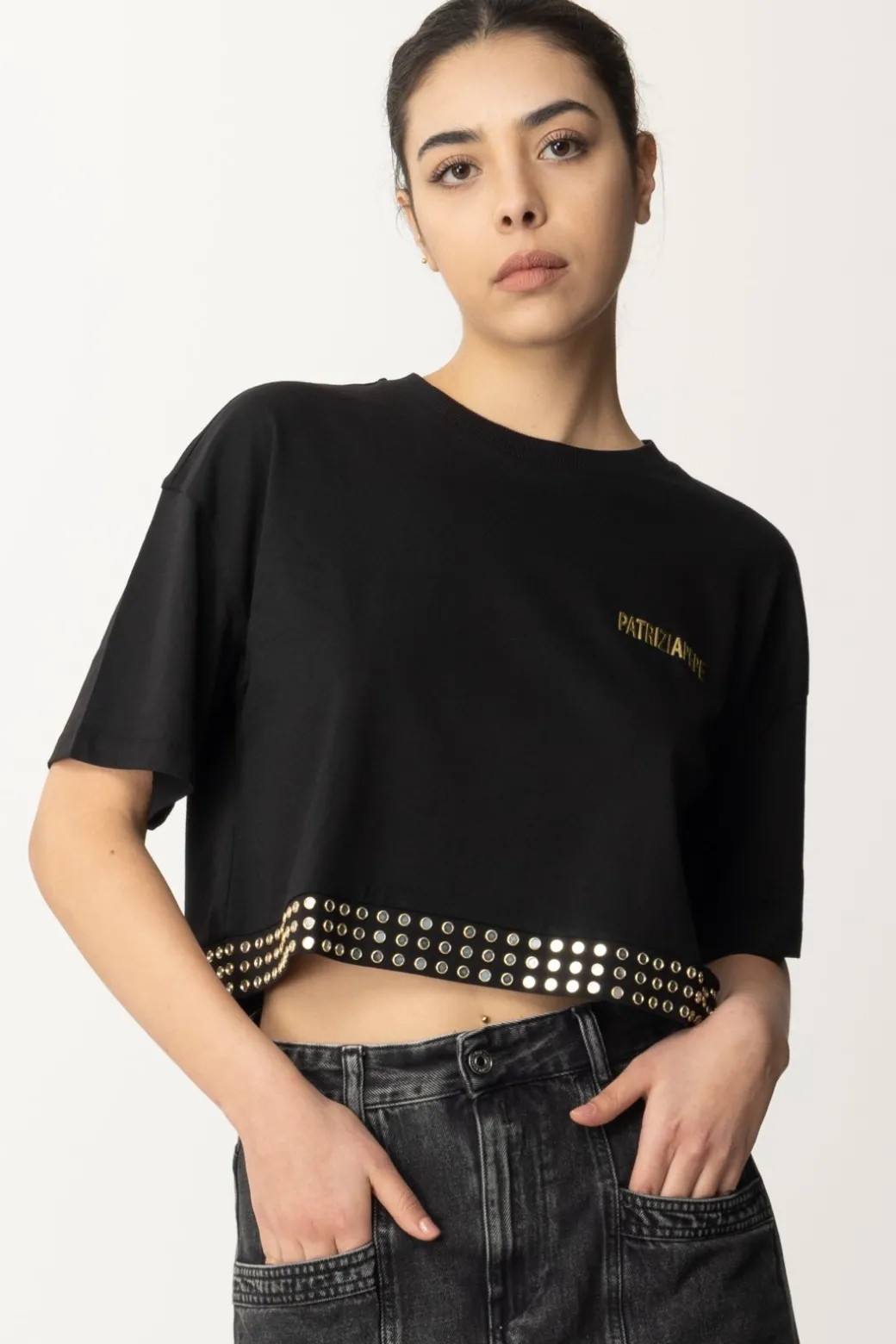 Donna Patrizia Pepe T-shirt Cropped con Borchiette e Logo