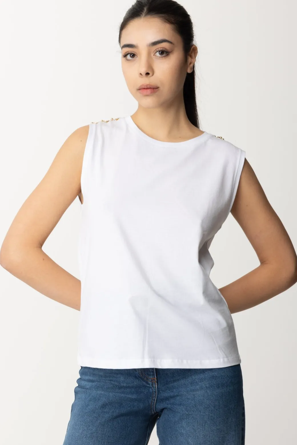 Donna Patrizia Pepe T-shirt Smanicata con Dettaglio Piercings