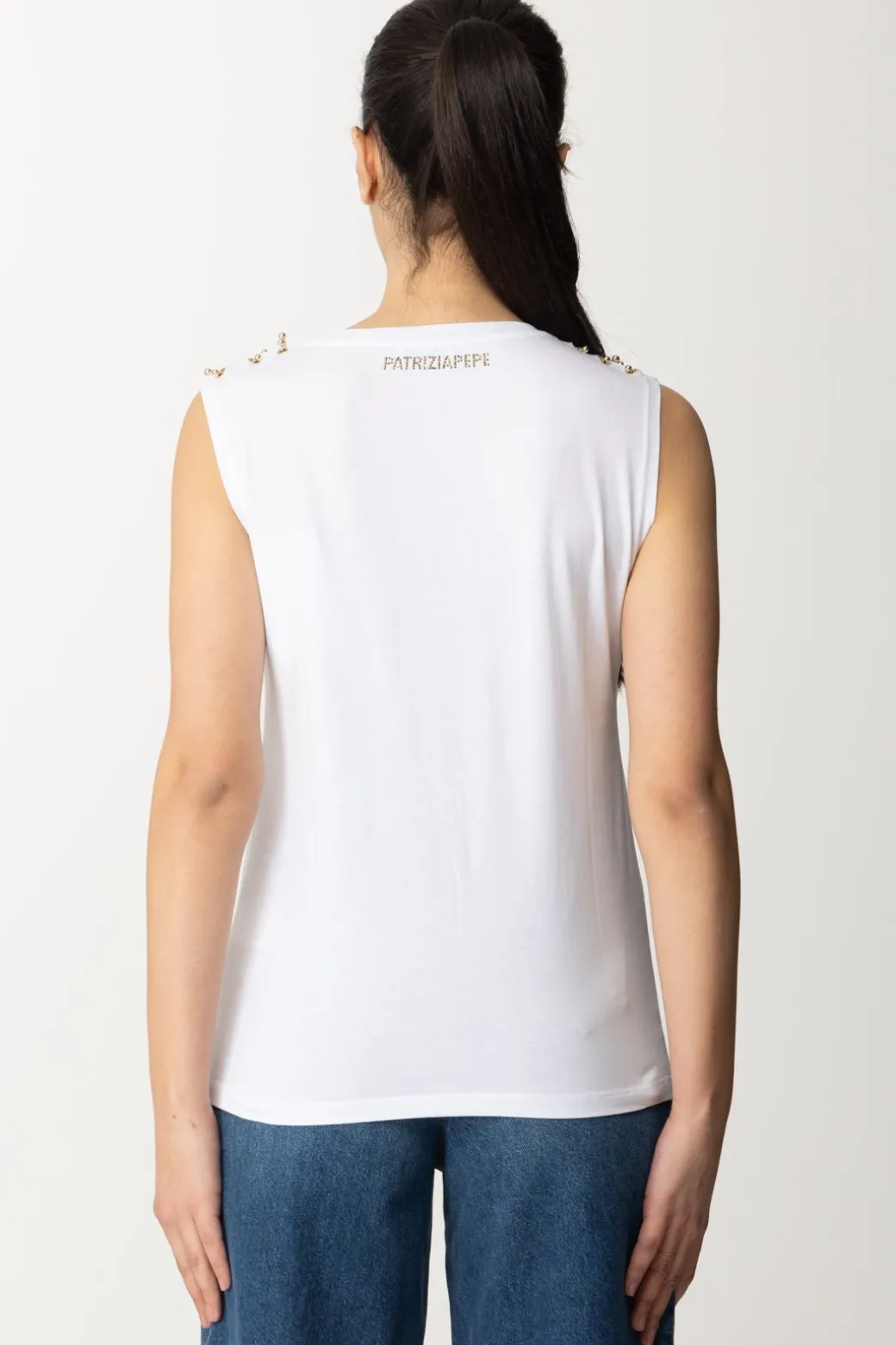 Donna Patrizia Pepe T-shirt Smanicata con Dettaglio Piercings