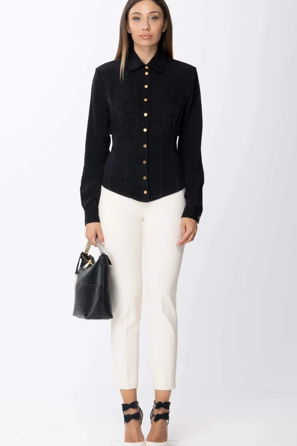 Donna Pinko Camicia In Jeans e Jacquard con Lettering e Logo