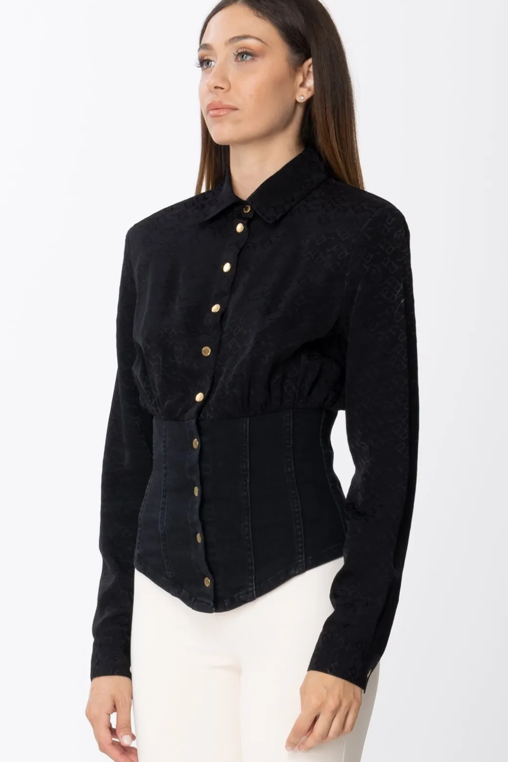 Donna Pinko Camicia In Jeans e Jacquard con Lettering e Logo