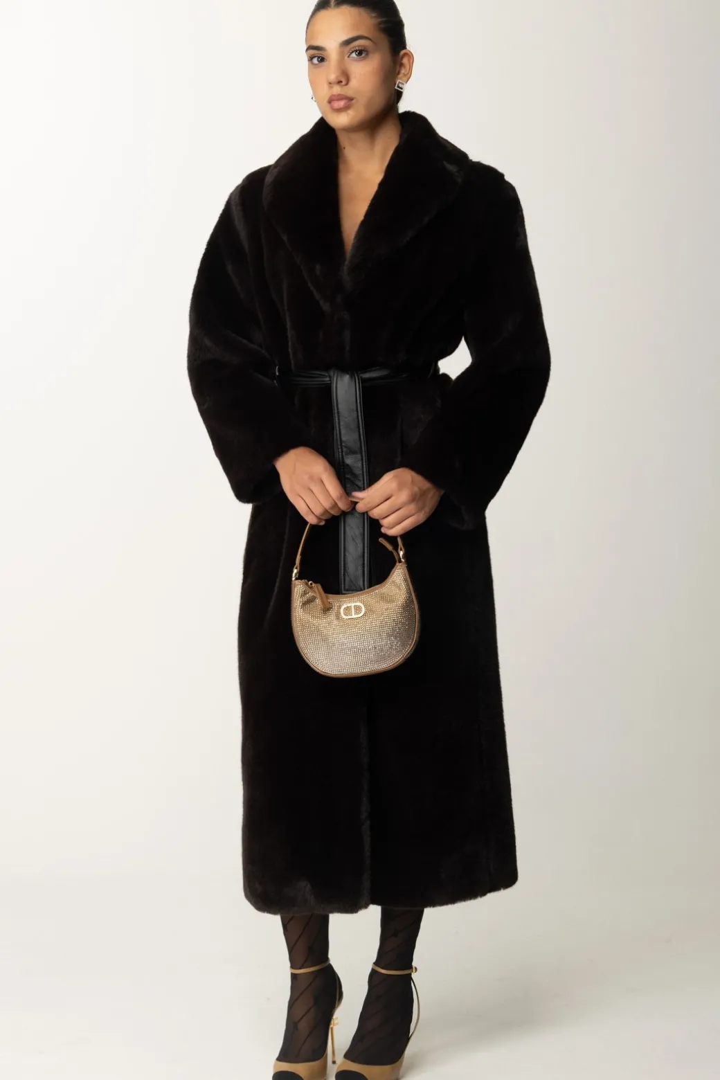 Donna Pinko Cappotto In Pelliccia con Cintura In Ecopelle