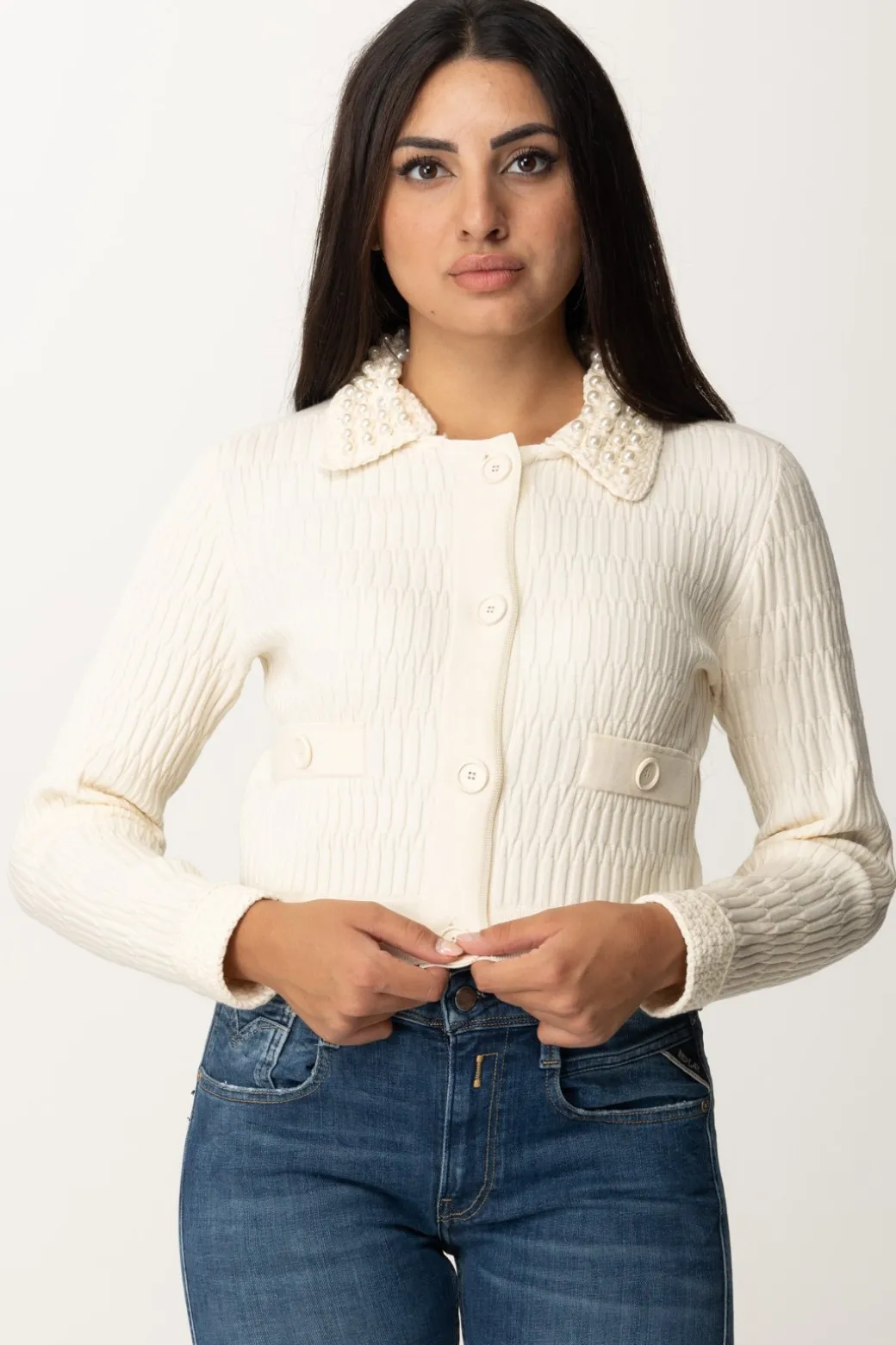Donna Pinko Cardigan Corto con Perline Al Colletto