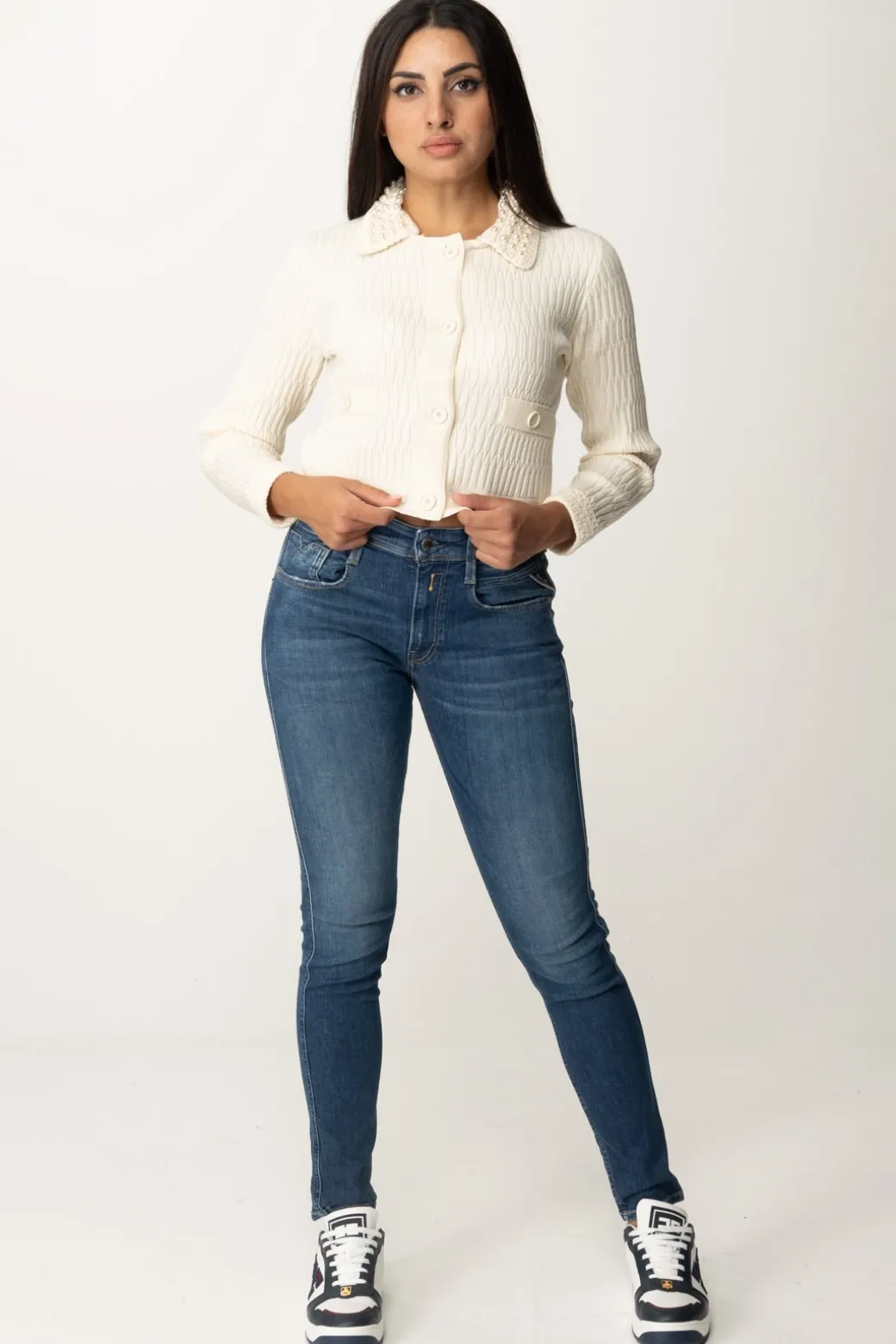 Donna Pinko Cardigan Corto con Perline Al Colletto