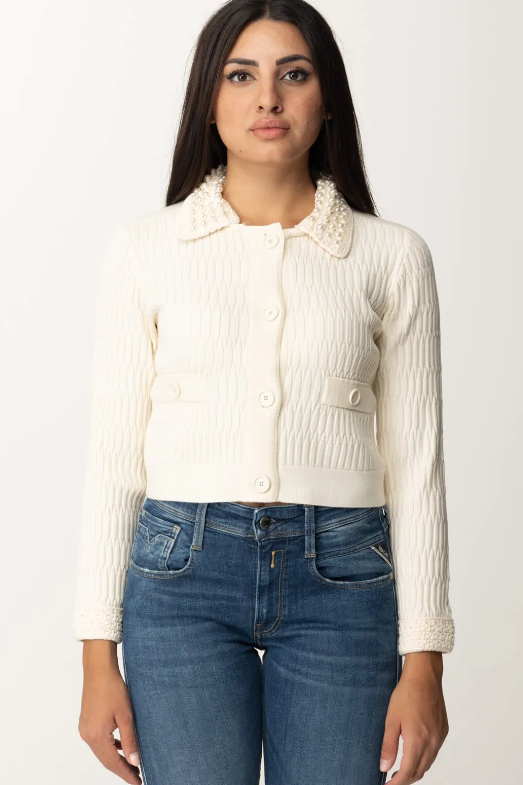 Donna Pinko Cardigan Corto con Perline Al Colletto