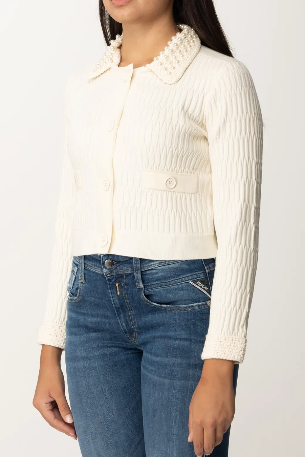 Donna Pinko Cardigan Corto con Perline Al Colletto