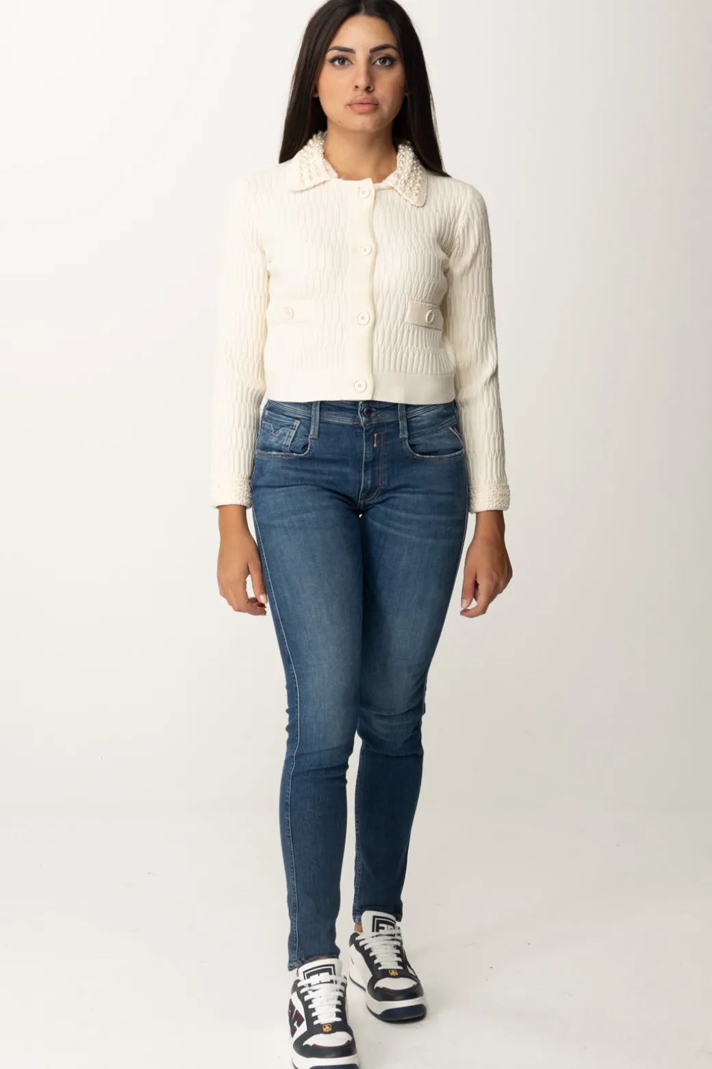 Donna Pinko Cardigan Corto con Perline Al Colletto