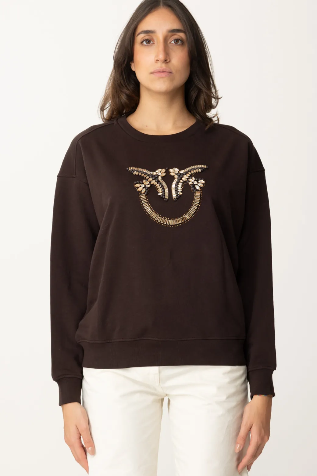 Donna Pinko Felpa Girocollo con Ricamo Gioiello Love Birds
