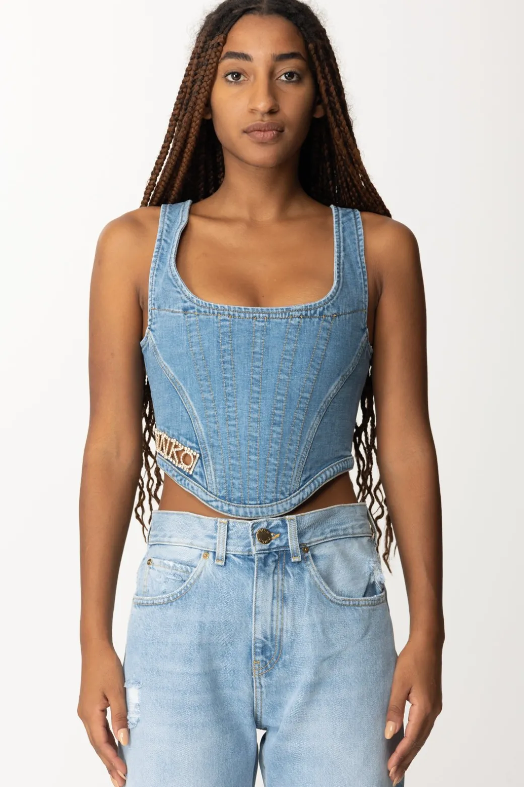 Donna Pinko Top Bustier In Jeans con Logo Strass