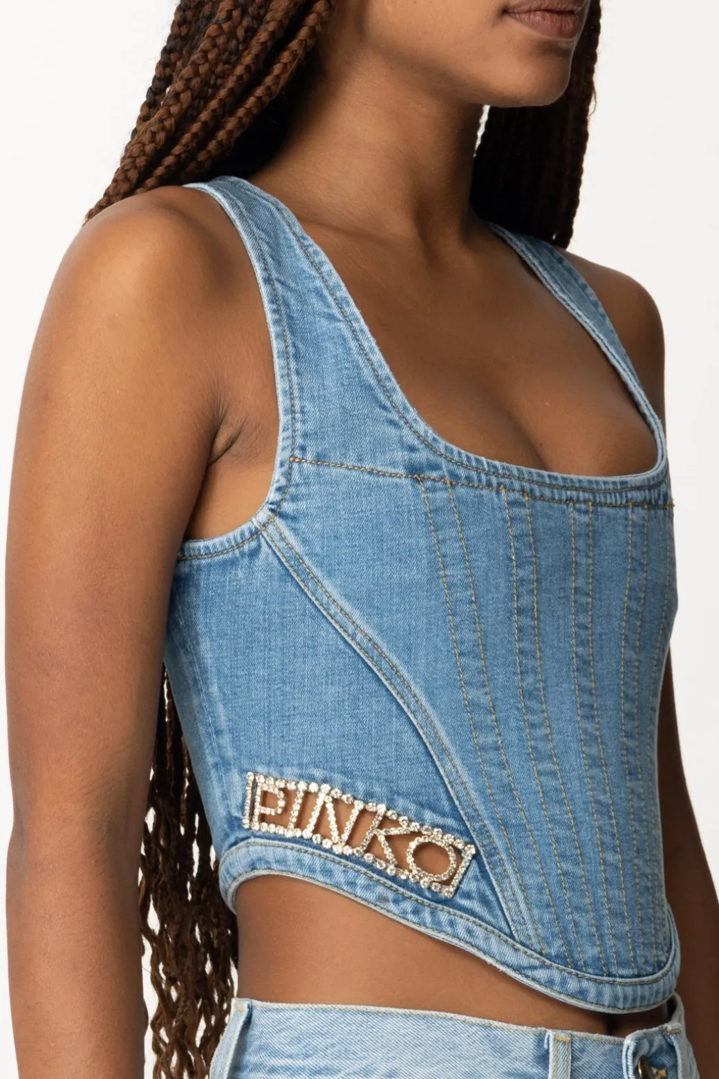 Donna Pinko Top Bustier In Jeans con Logo Strass