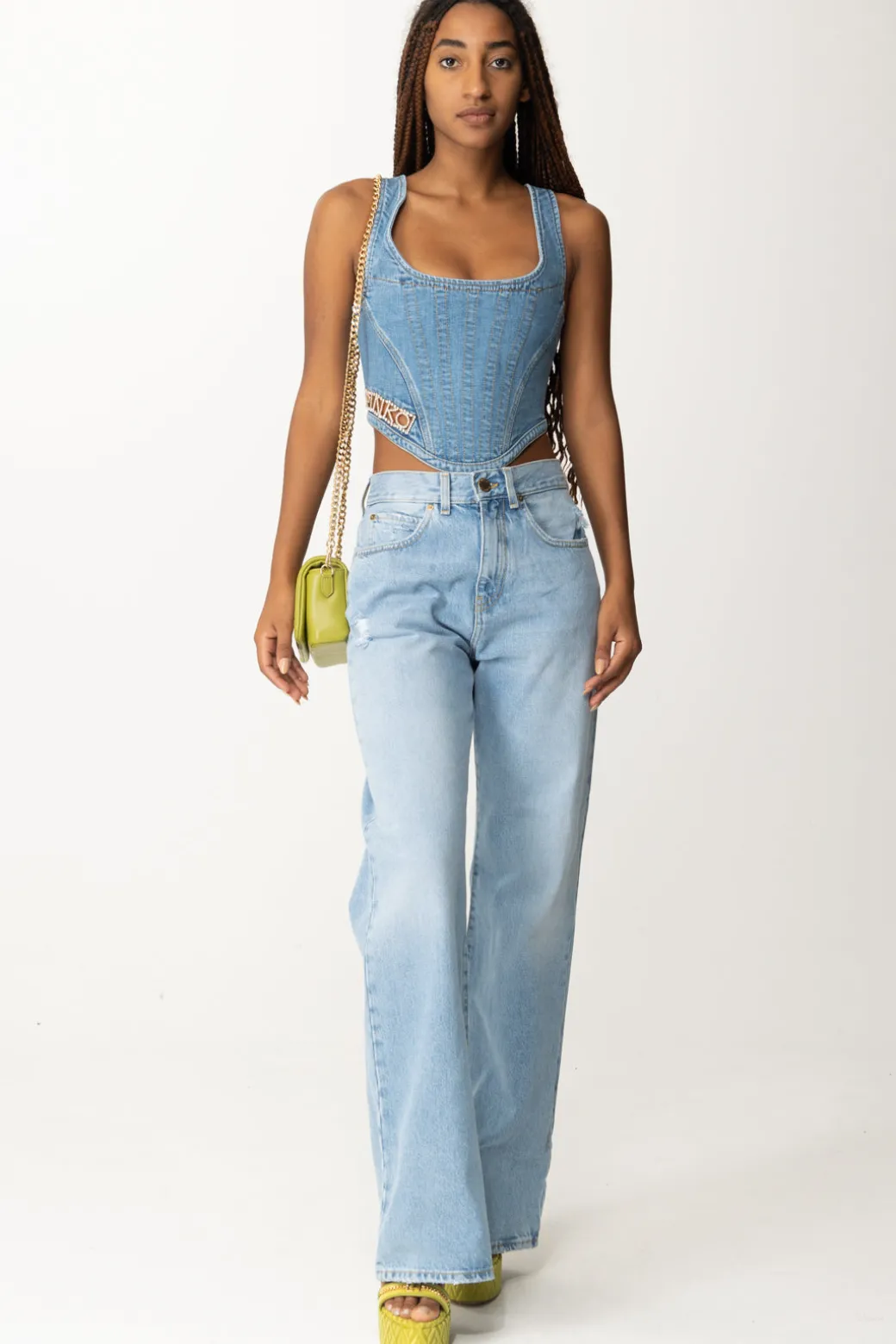 Donna Pinko Top Bustier In Jeans con Logo Strass